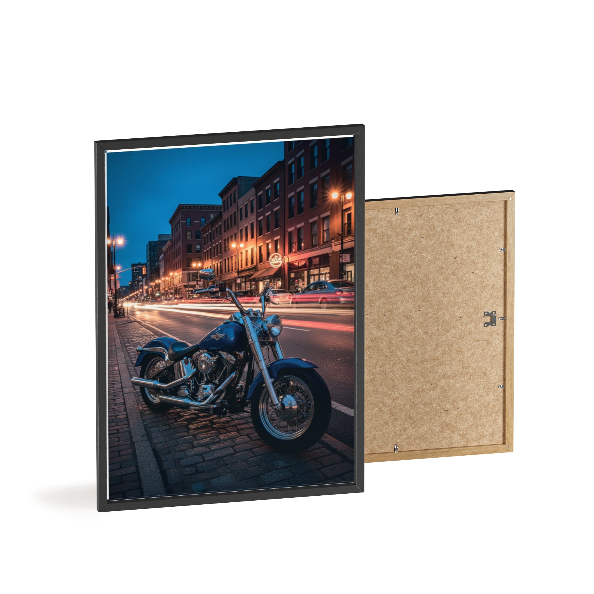 Framed Motorcycle Poster — Night City Street Bike Wall Art