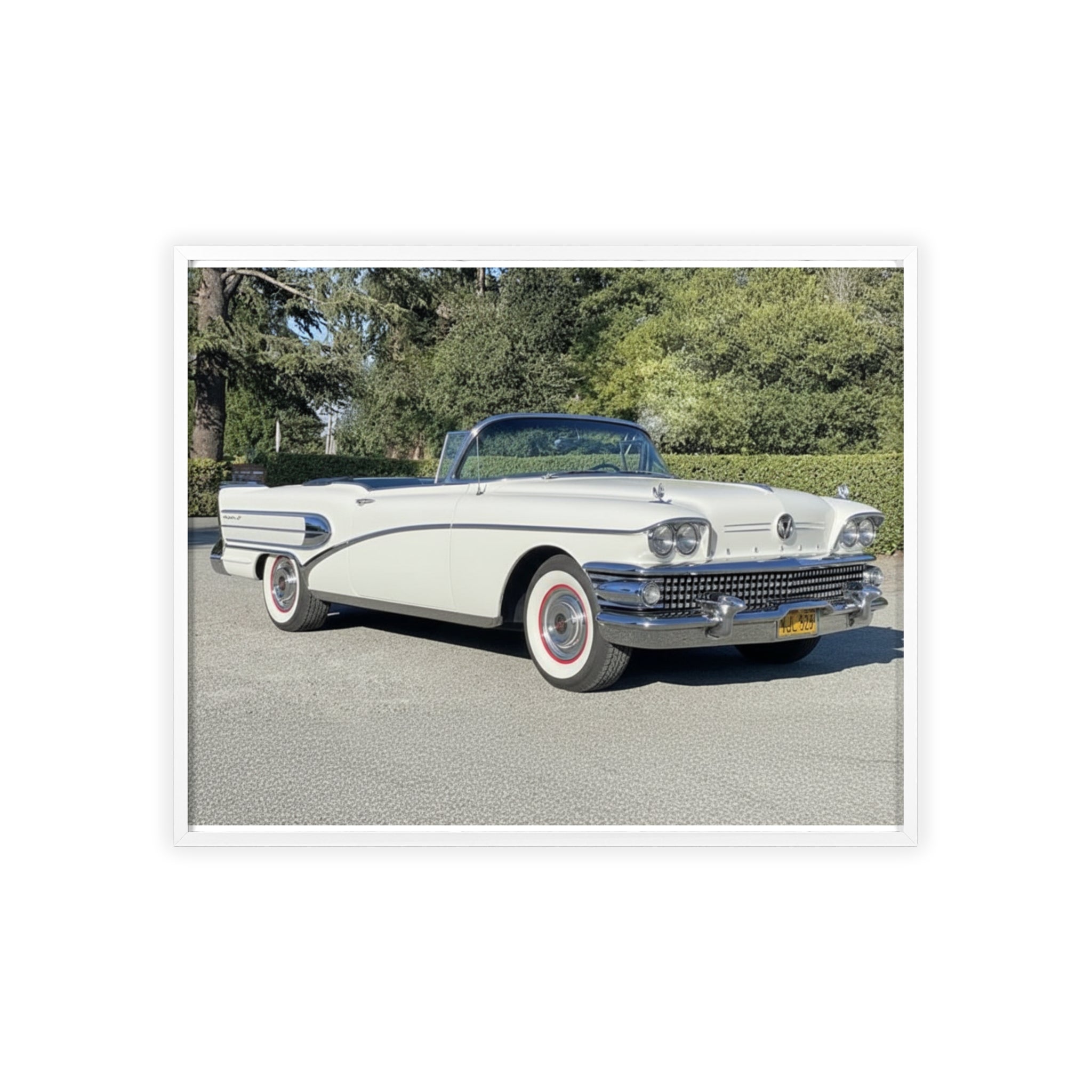 Classic White Convertible Car Poster with Wooden Frame — Vintage Auto Wall Art