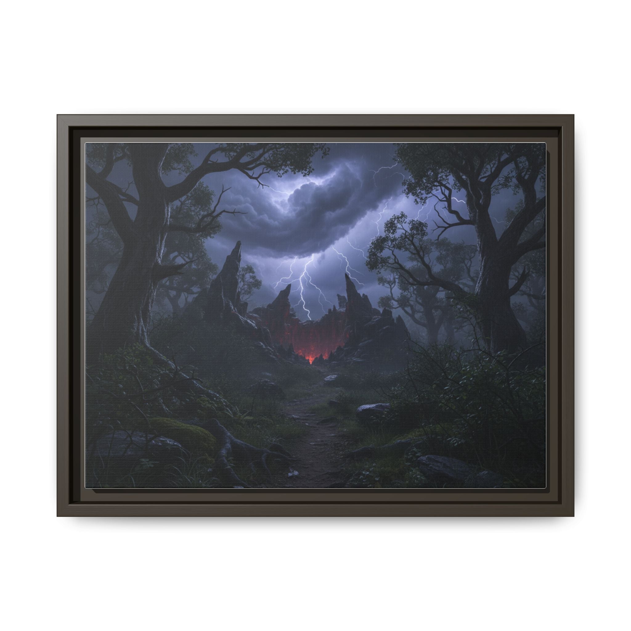 Dark Storm Forest Framed Canvas Print — Lightning, Haunted Castle Art