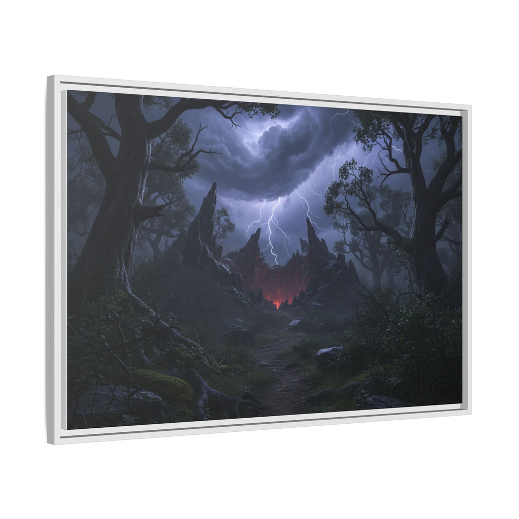 Dark Storm Forest Framed Canvas Print — Lightning, Haunted Castle Art