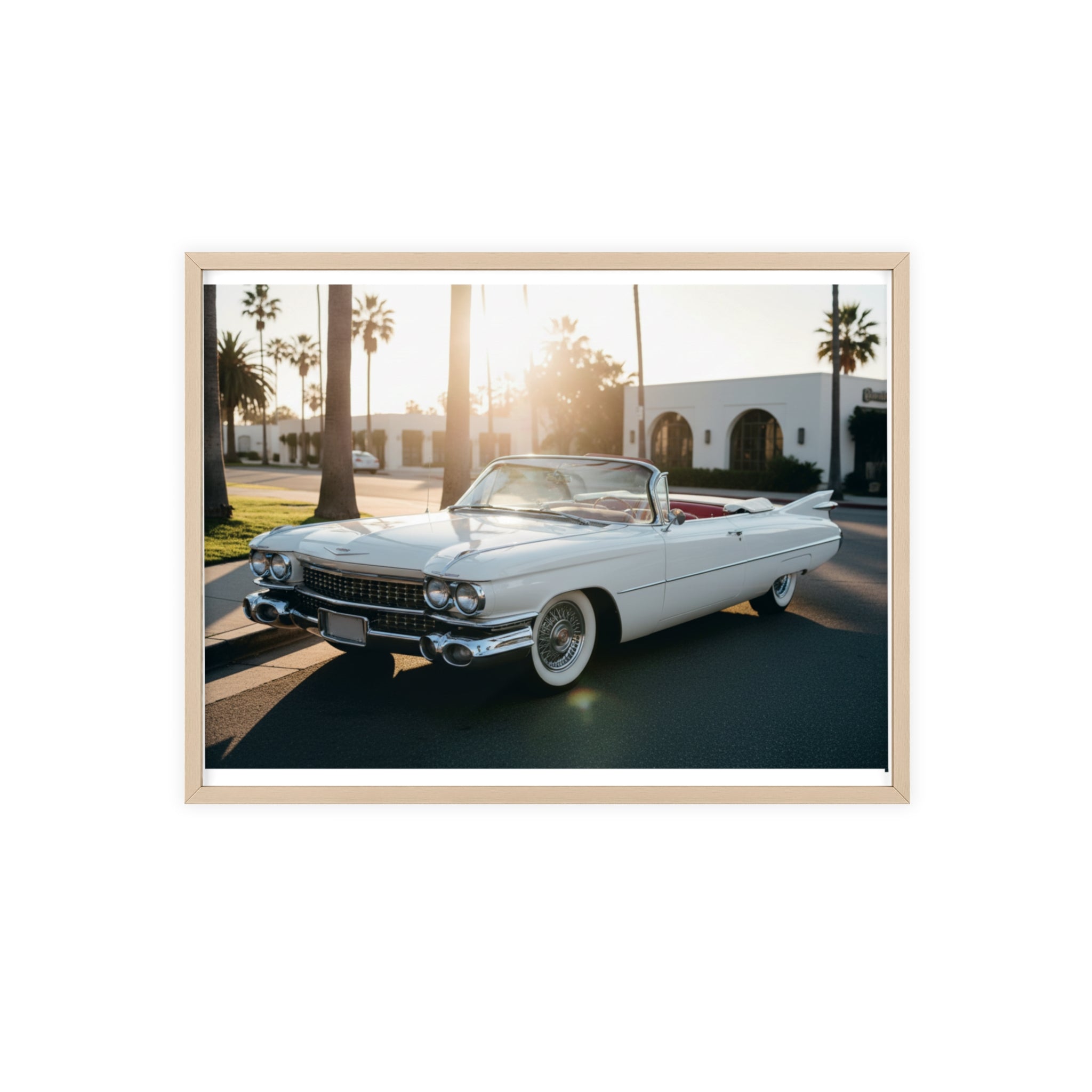 Vintage Cadillac Convertible Poster with Wooden Frame — Retro Palm Trees Sunset Wall Art
