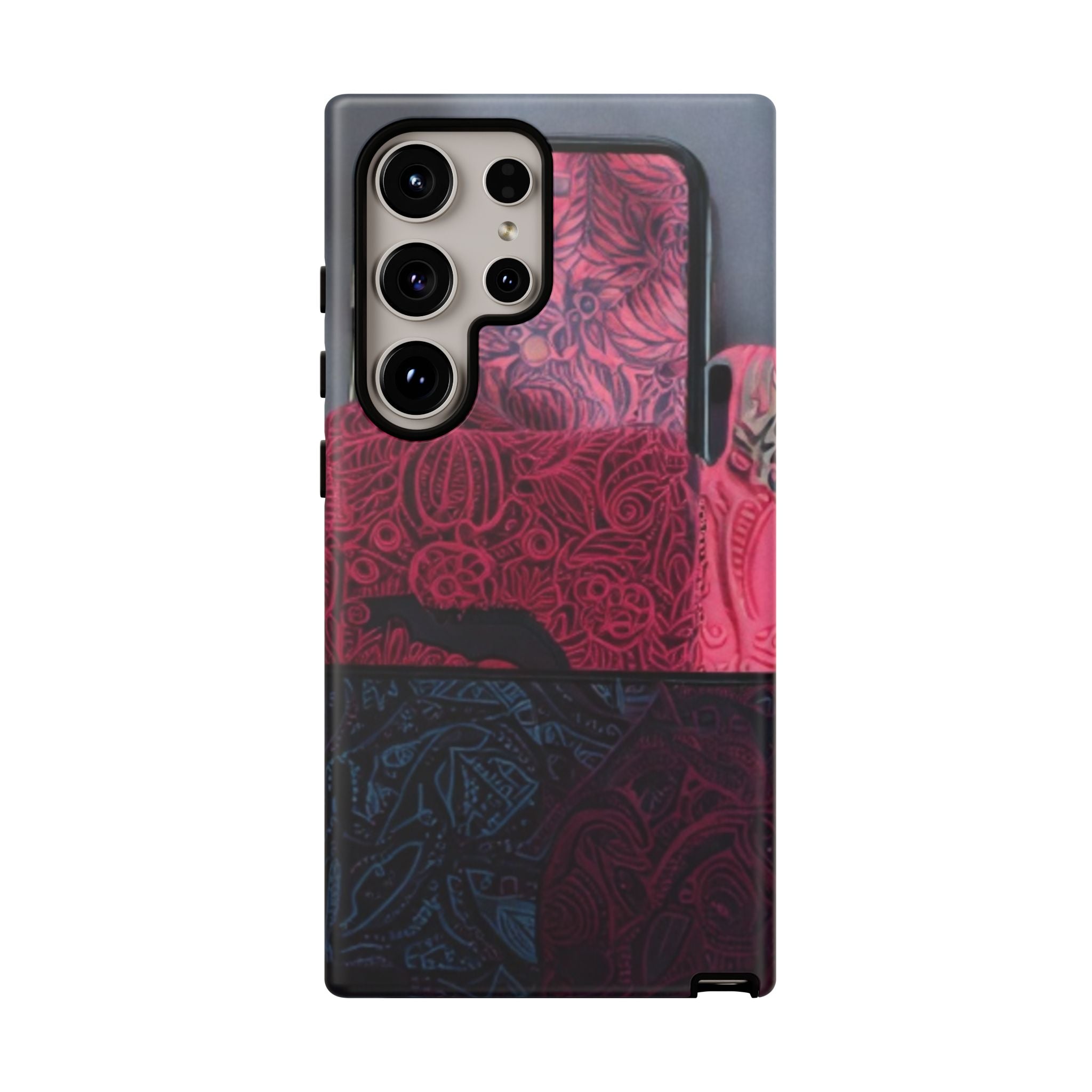 Floral Patchwork Tough Phone Case — Pink & Navy Doodle Design