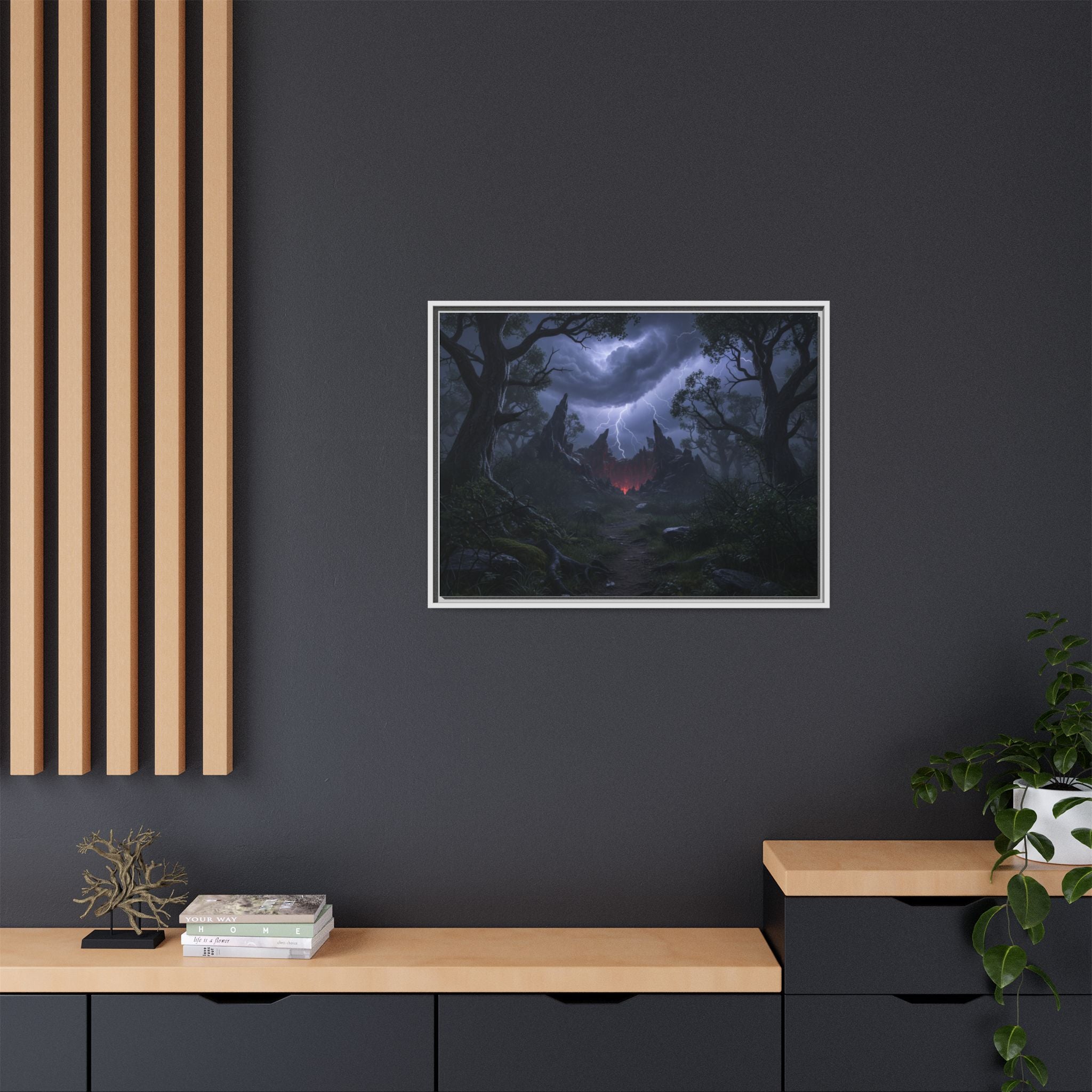Dark Storm Forest Framed Canvas Print — Lightning, Haunted Castle Art