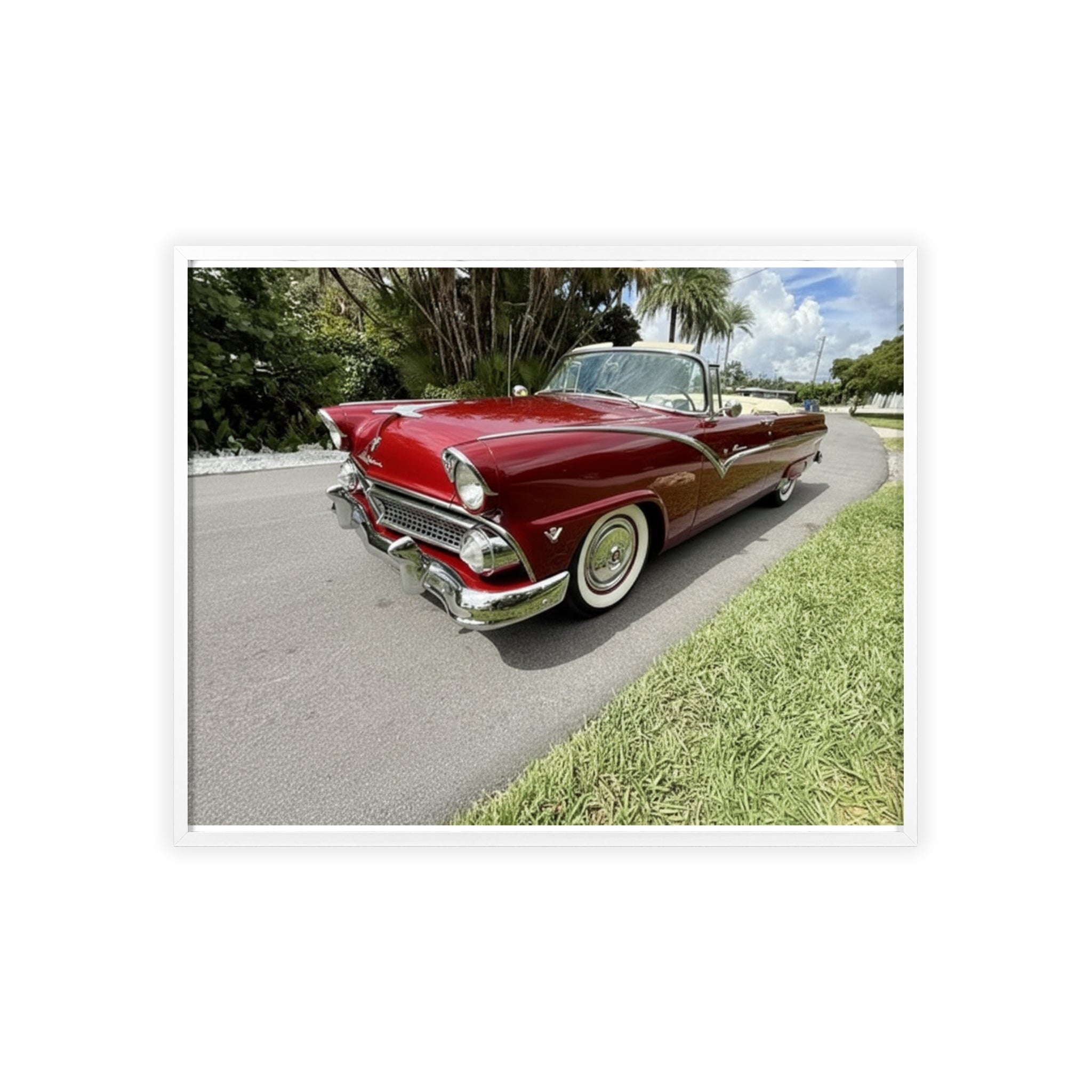 Vintage Red Convertible Poster with Wooden Frame — Classic Car Wall Art
