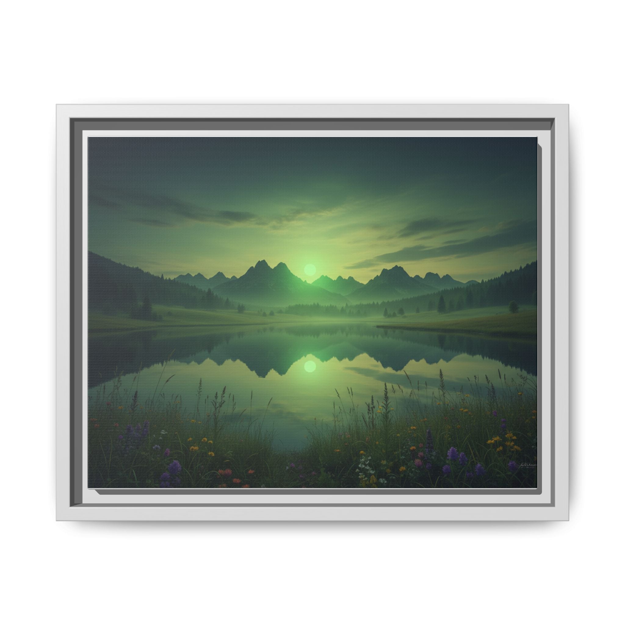 Framed Matte Canvas Print — Serene Green Mountain Lake Landscape