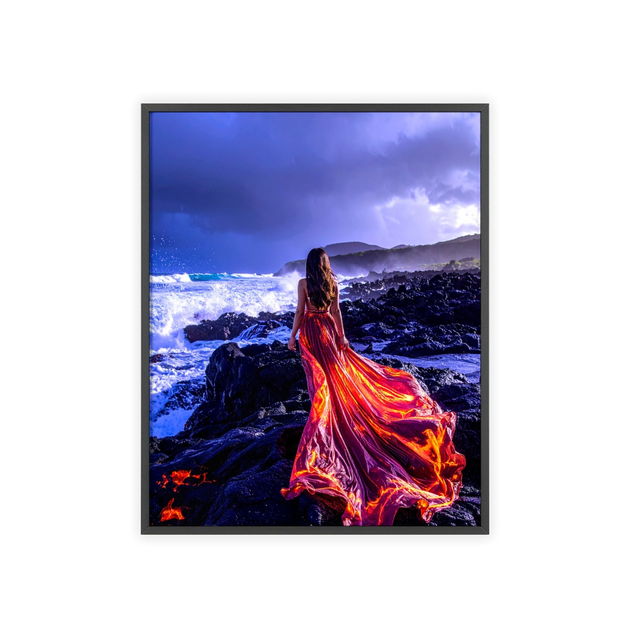 Framed Art Print — Woman in Fiery Red Dress on Rocky Shore (Wooden Frame Poster)