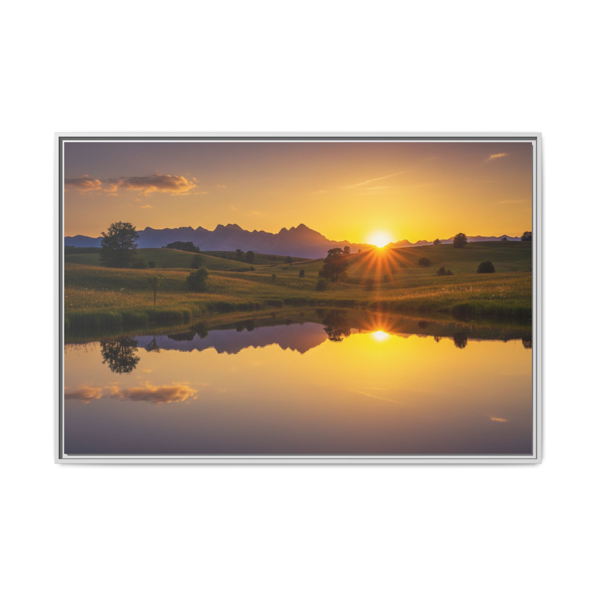 Framed Matte Canvas Sunset Landscape — Serene Lake Reflection Wall Art