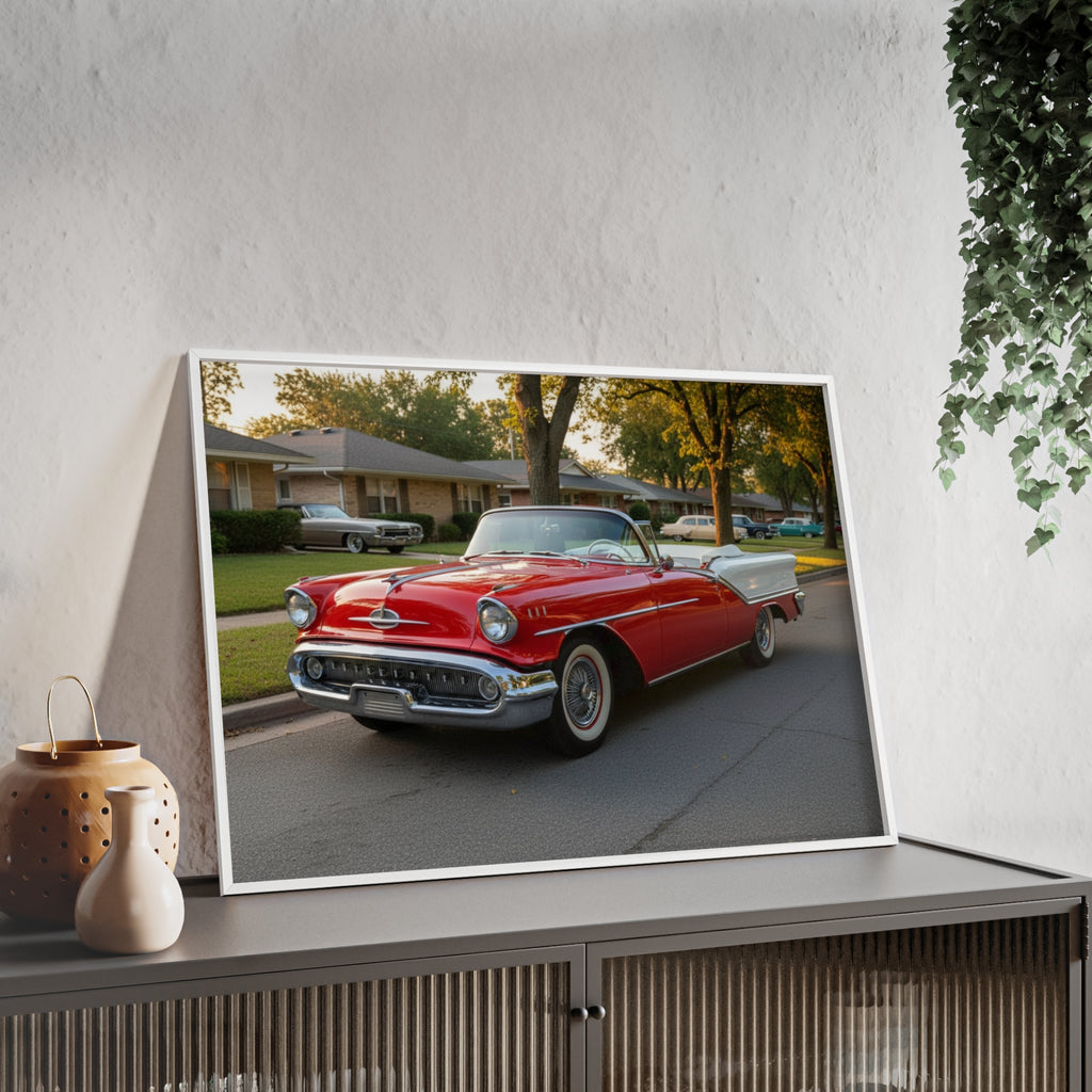 Vintage Red Convertible Poster with Wooden Frame — Classic Car Wall Art