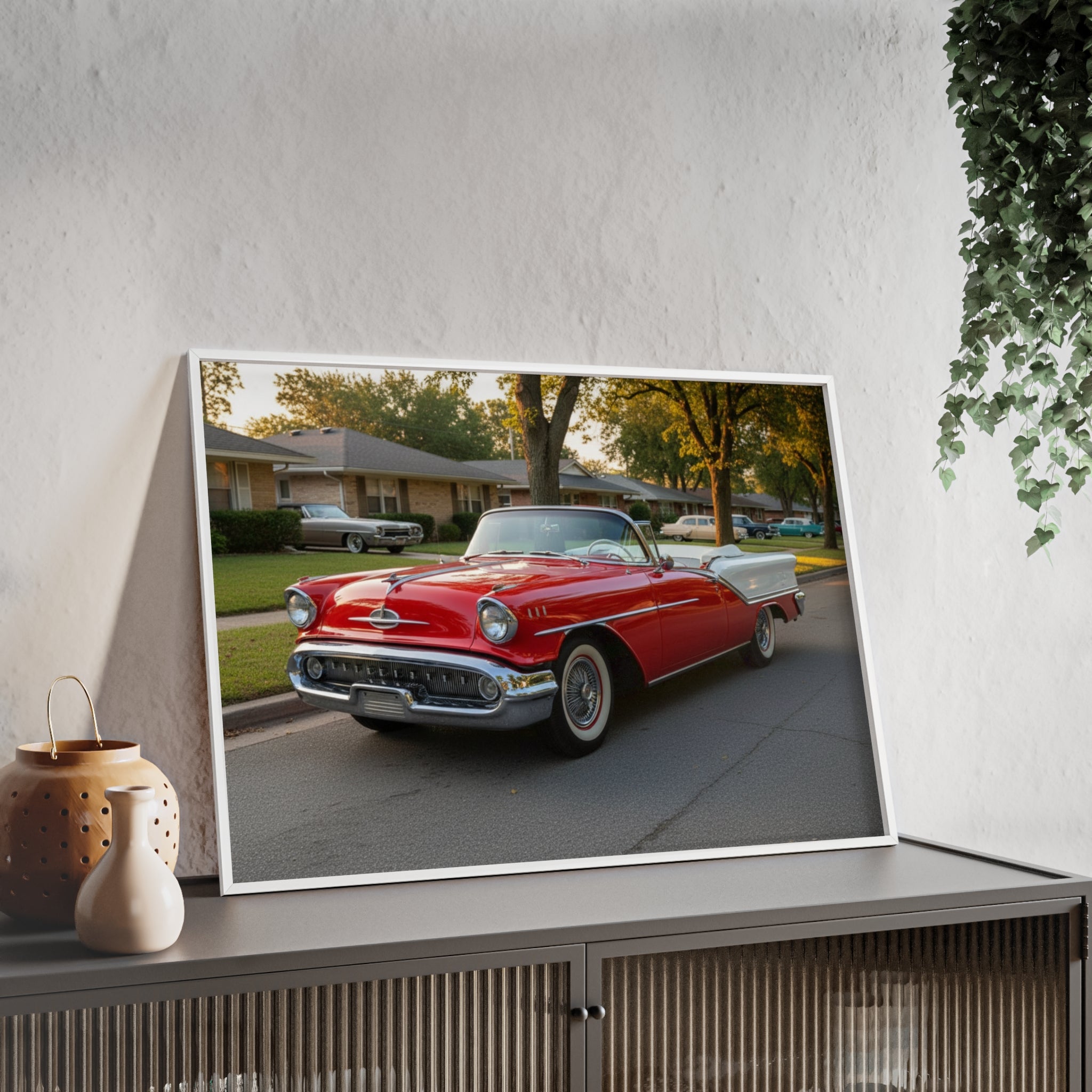 Vintage Red Convertible Poster with Wooden Frame — Classic Car Wall Art