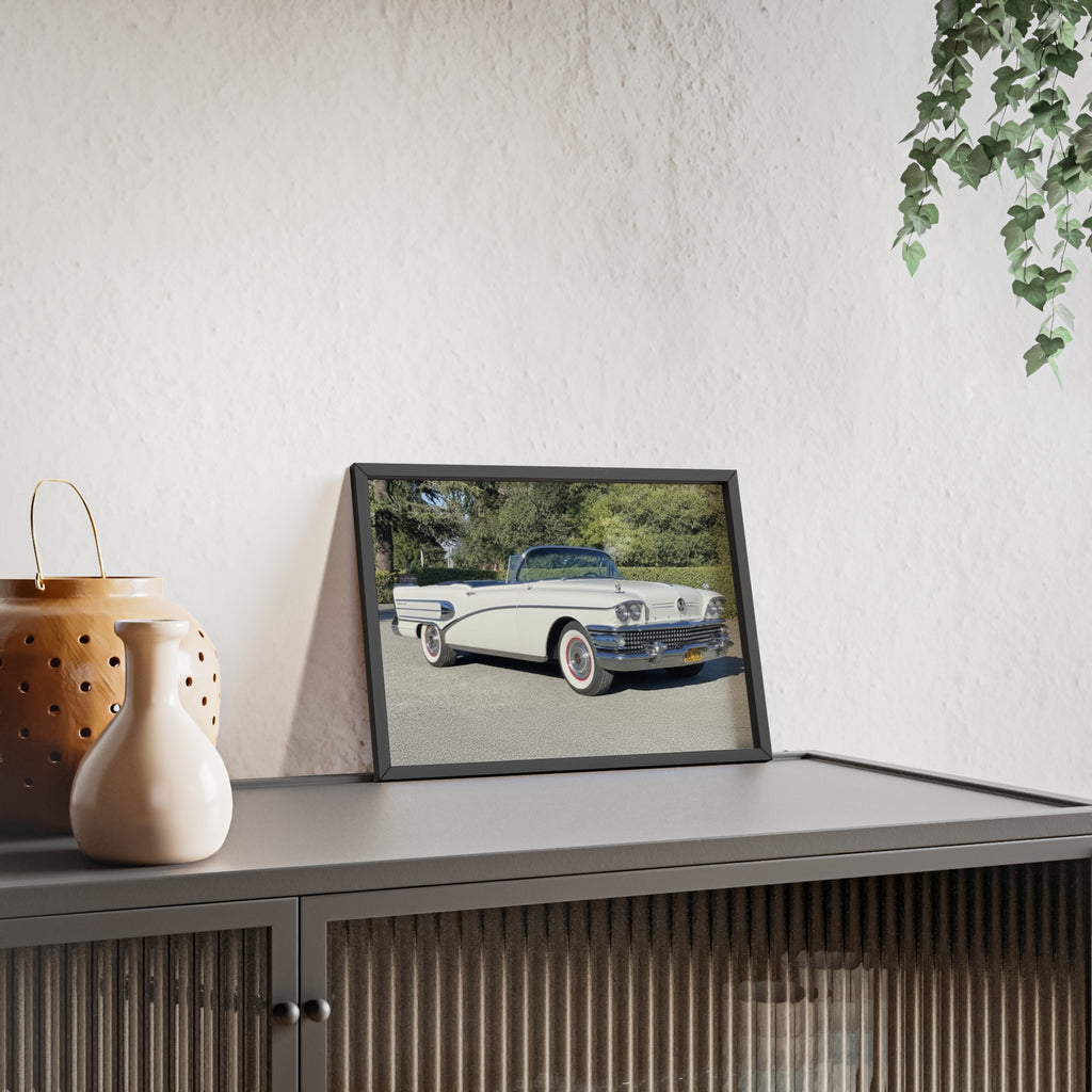 Classic White Convertible Car Poster with Wooden Frame — Vintage Auto Wall Art