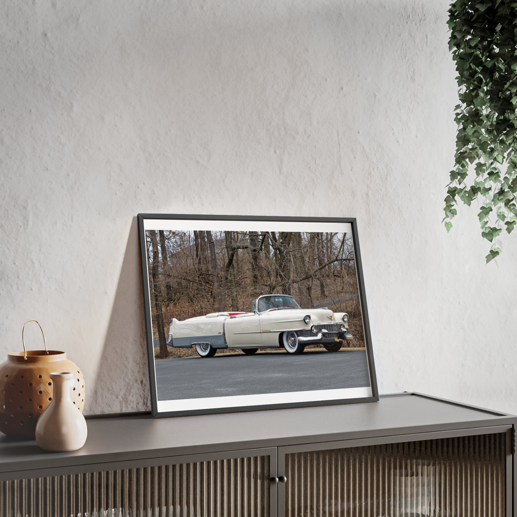 Vintage 1950s White Cadillac Poster with Wooden Frame - Classic Car Wall Art