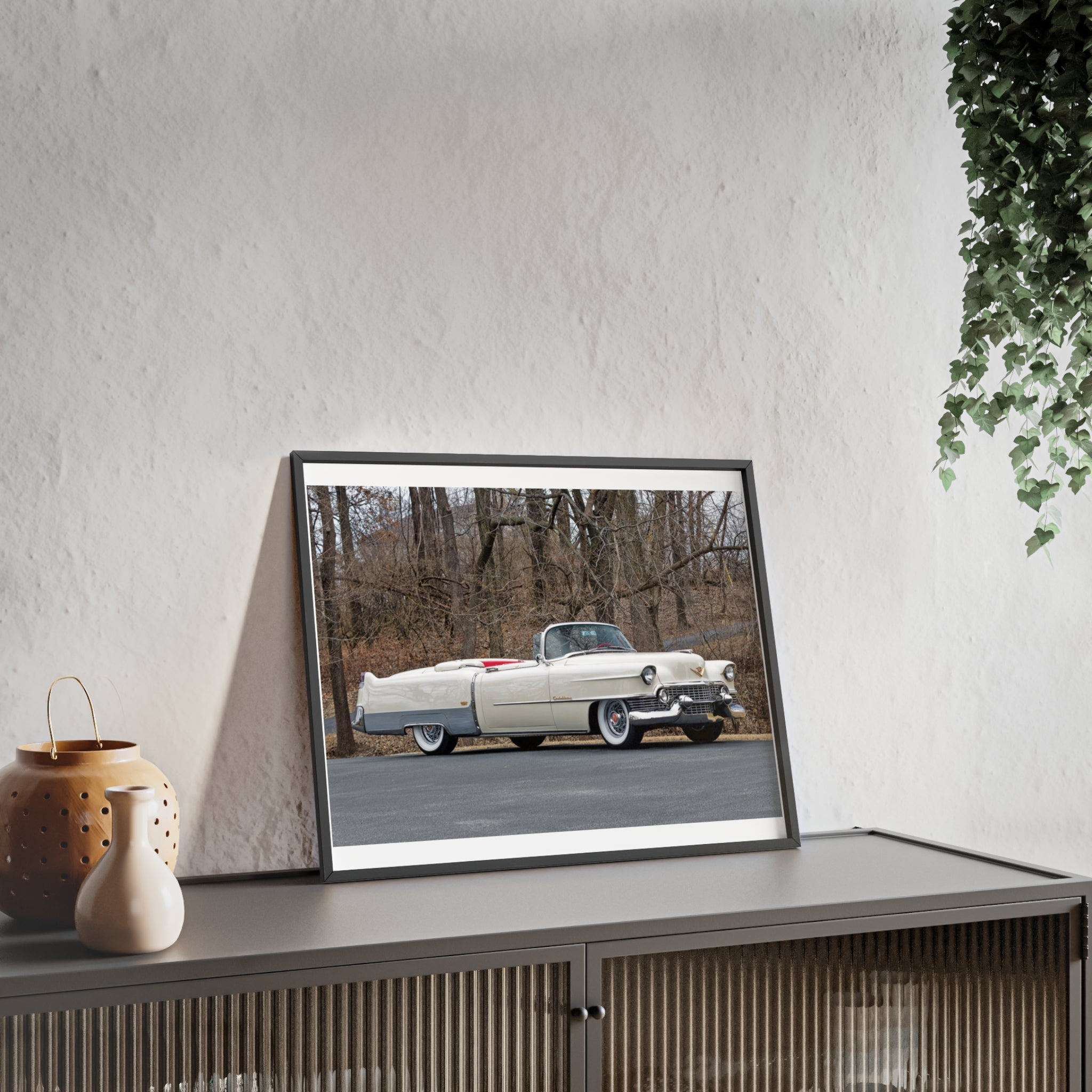 Vintage 1950s White Cadillac Poster with Wooden Frame - Classic Car Wall Art