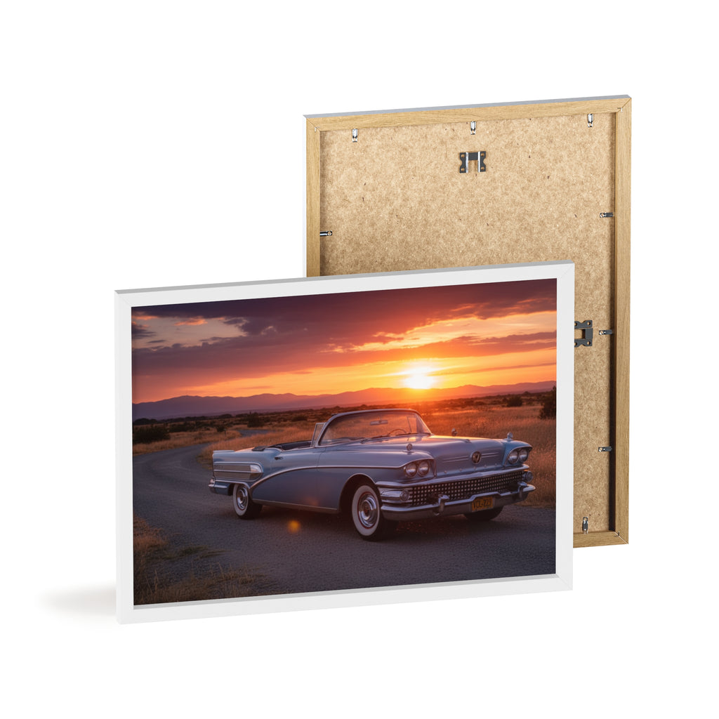 Vintage Convertible Sunset Poster with Wooden Frame