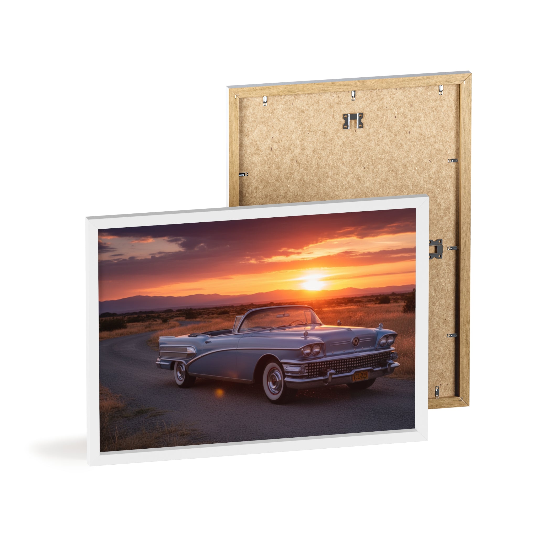 Vintage Convertible Sunset Poster with Wooden Frame