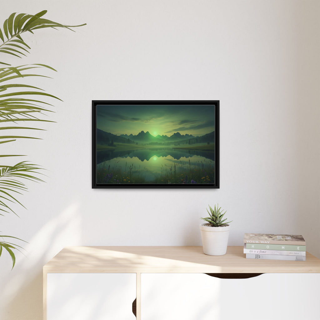 Framed Matte Canvas Print — Serene Green Mountain Lake Landscape