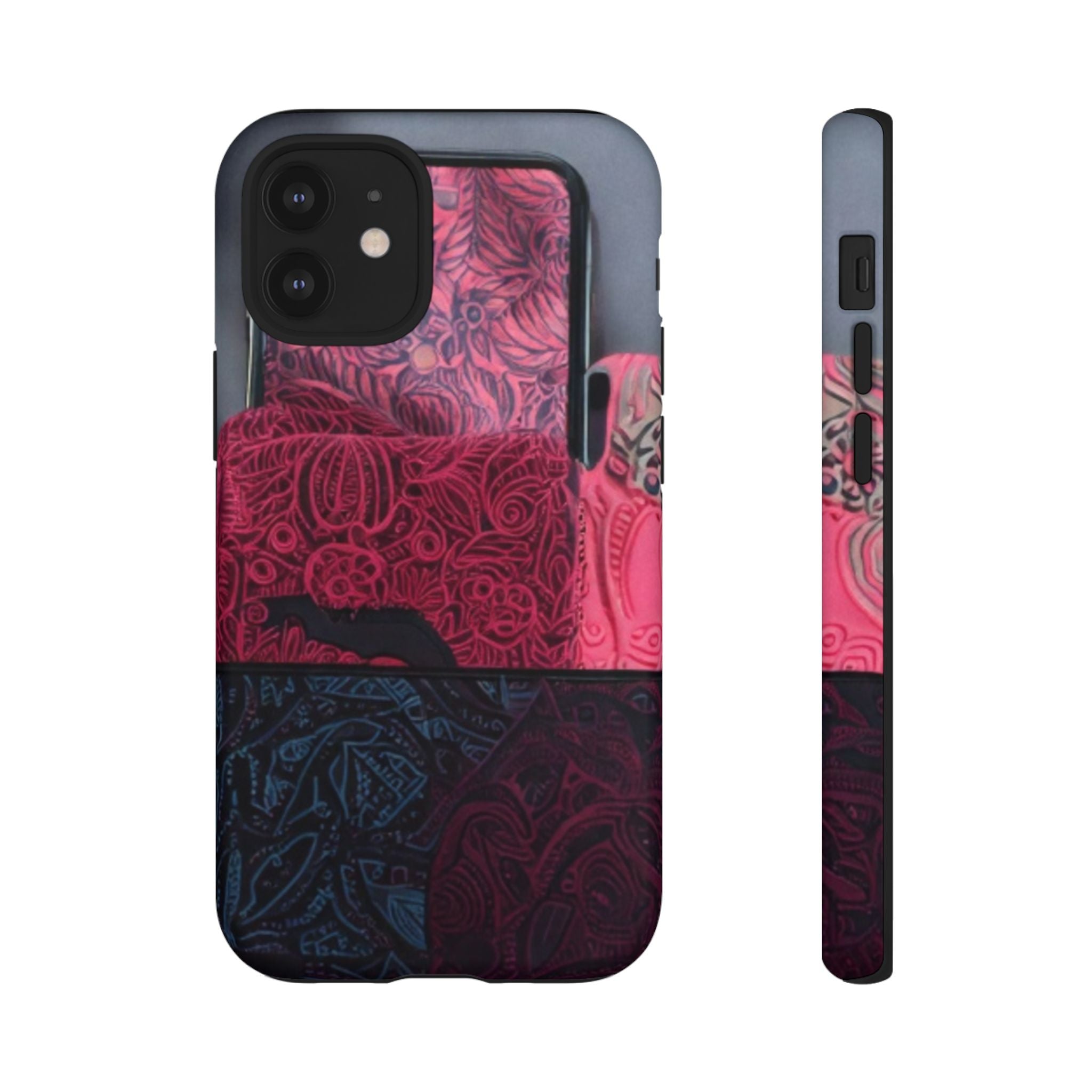 Floral Patchwork Tough Phone Case — Pink & Navy Doodle Design