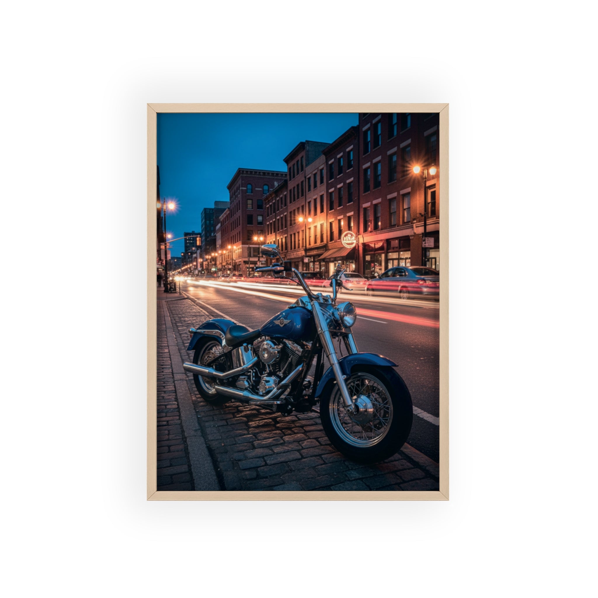 Framed Motorcycle Poster — Night City Street Bike Wall Art