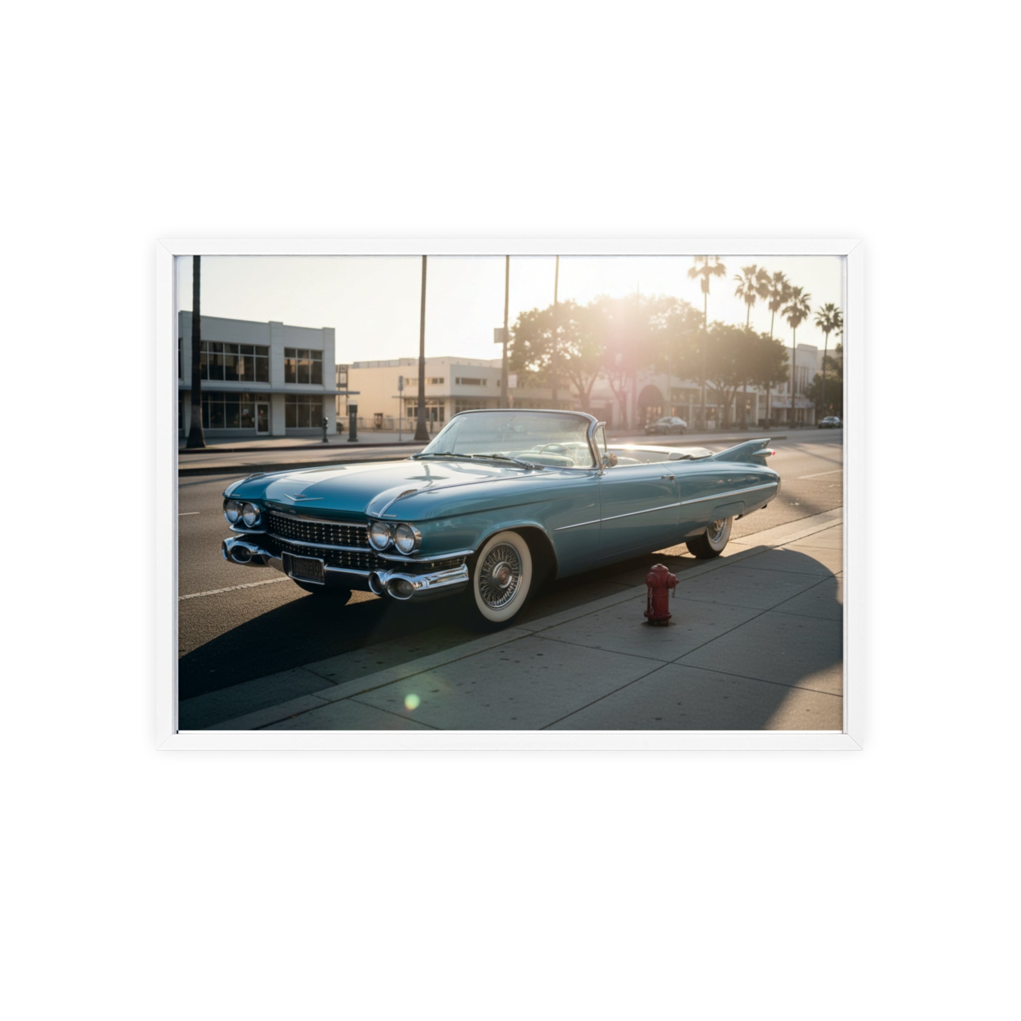 Vintage Blue Cadillac Poster with Wooden Frame – Retro Car Wall Art