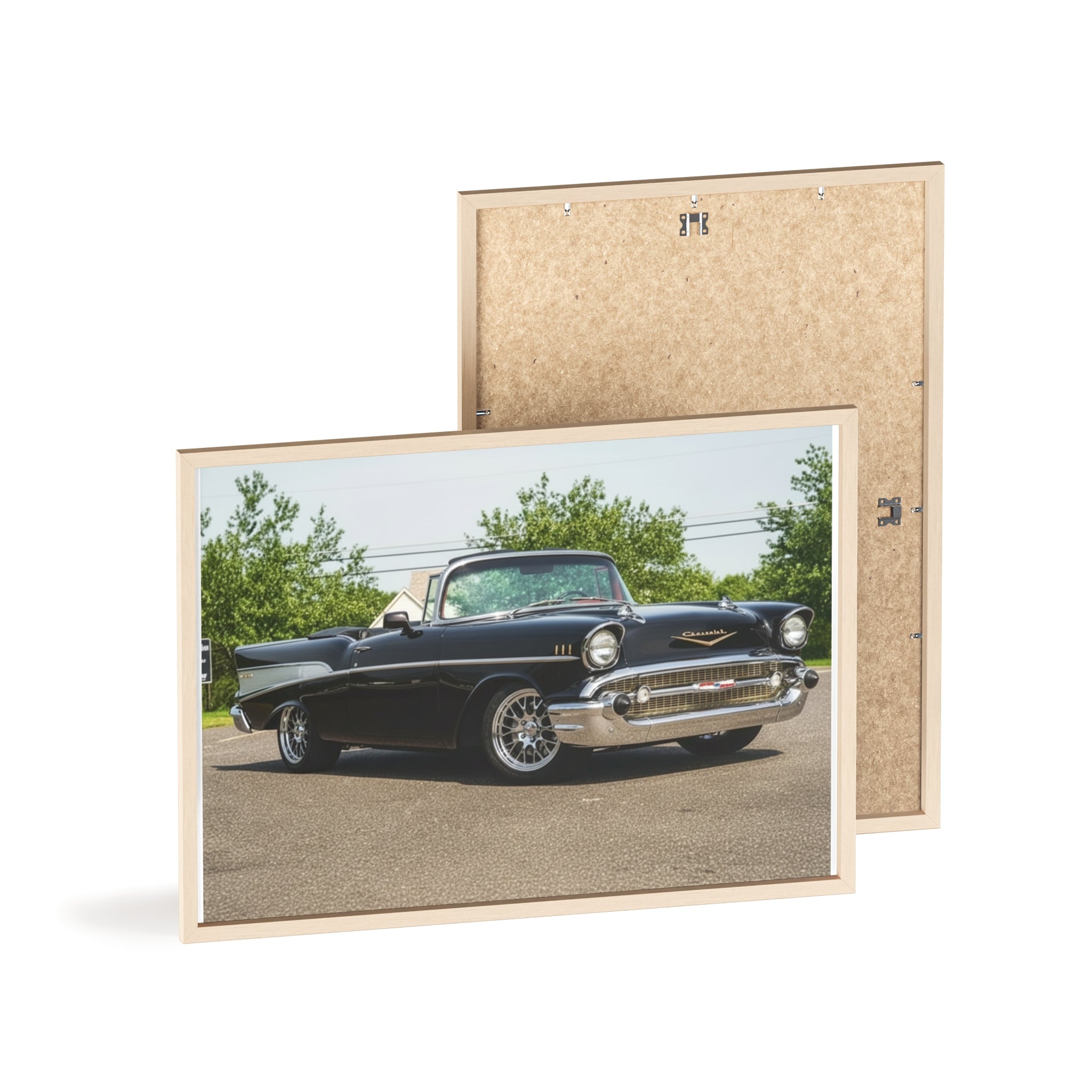 Classic Black 1957 Chevy Poster with Wooden Frame — Vintage Car Wall Art