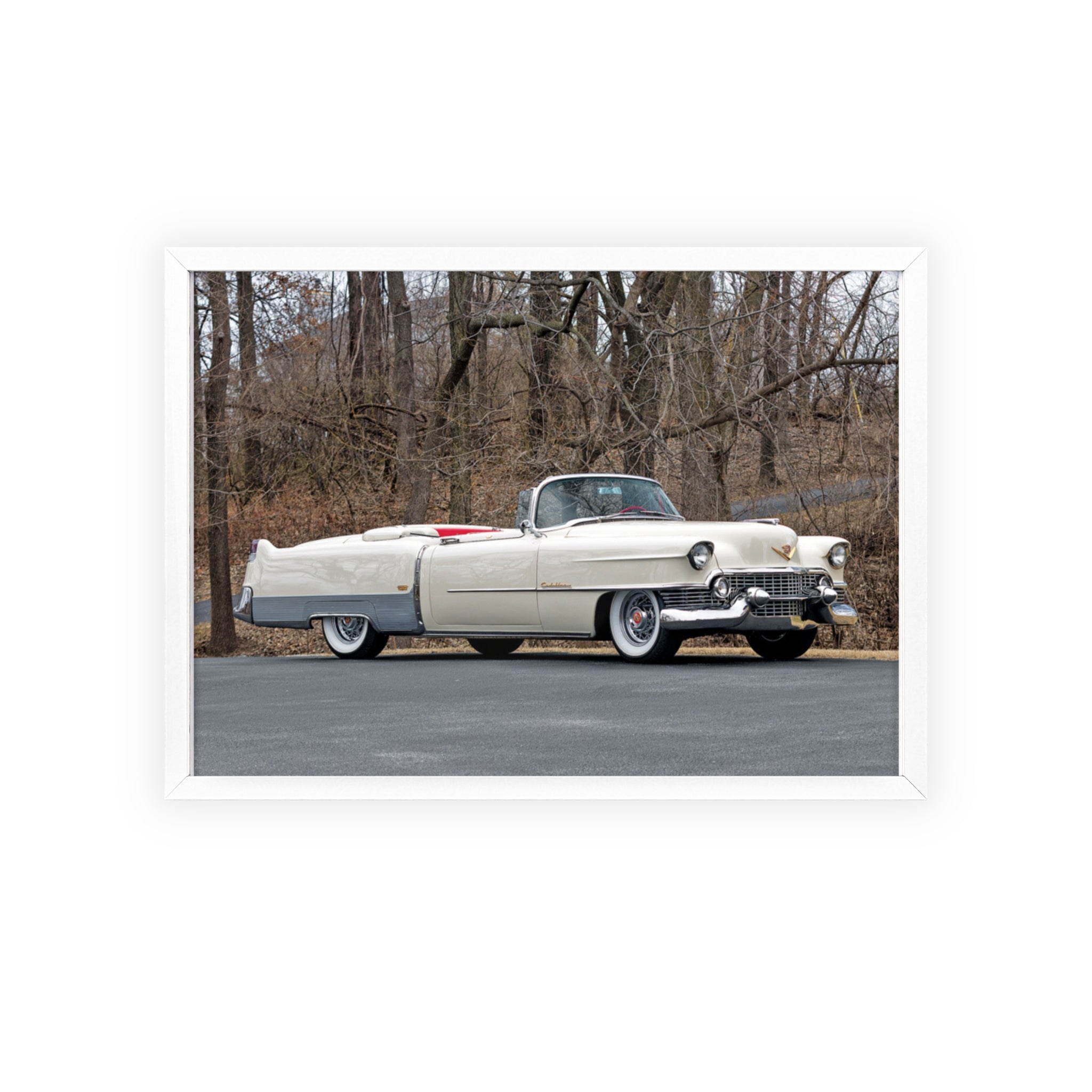 Vintage 1950s White Cadillac Poster with Wooden Frame - Classic Car Wall Art