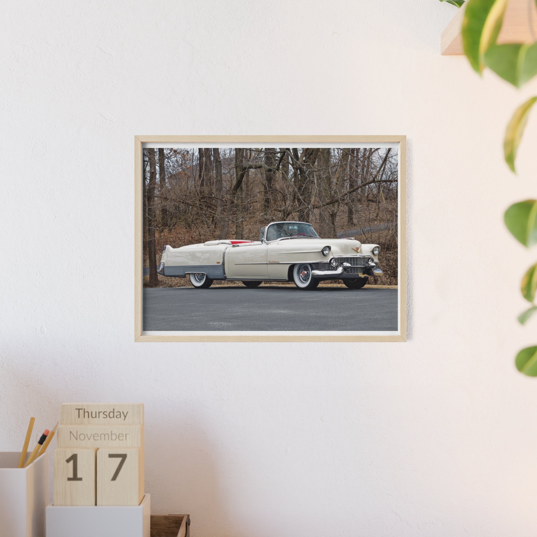 Vintage 1950s White Cadillac Poster with Wooden Frame - Classic Car Wall Art