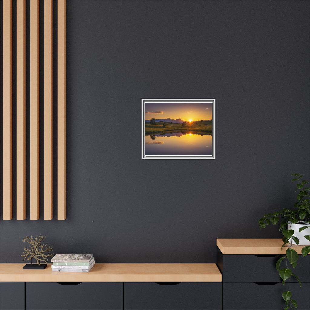 Framed Matte Canvas Sunset Landscape — Serene Lake Reflection Wall Art