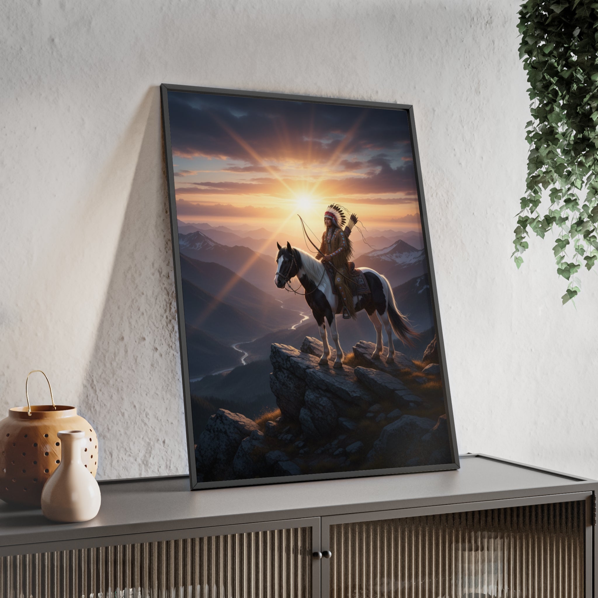 Native American Warrior on Horse Framed Poster — Scenic Sunrise Wall Art