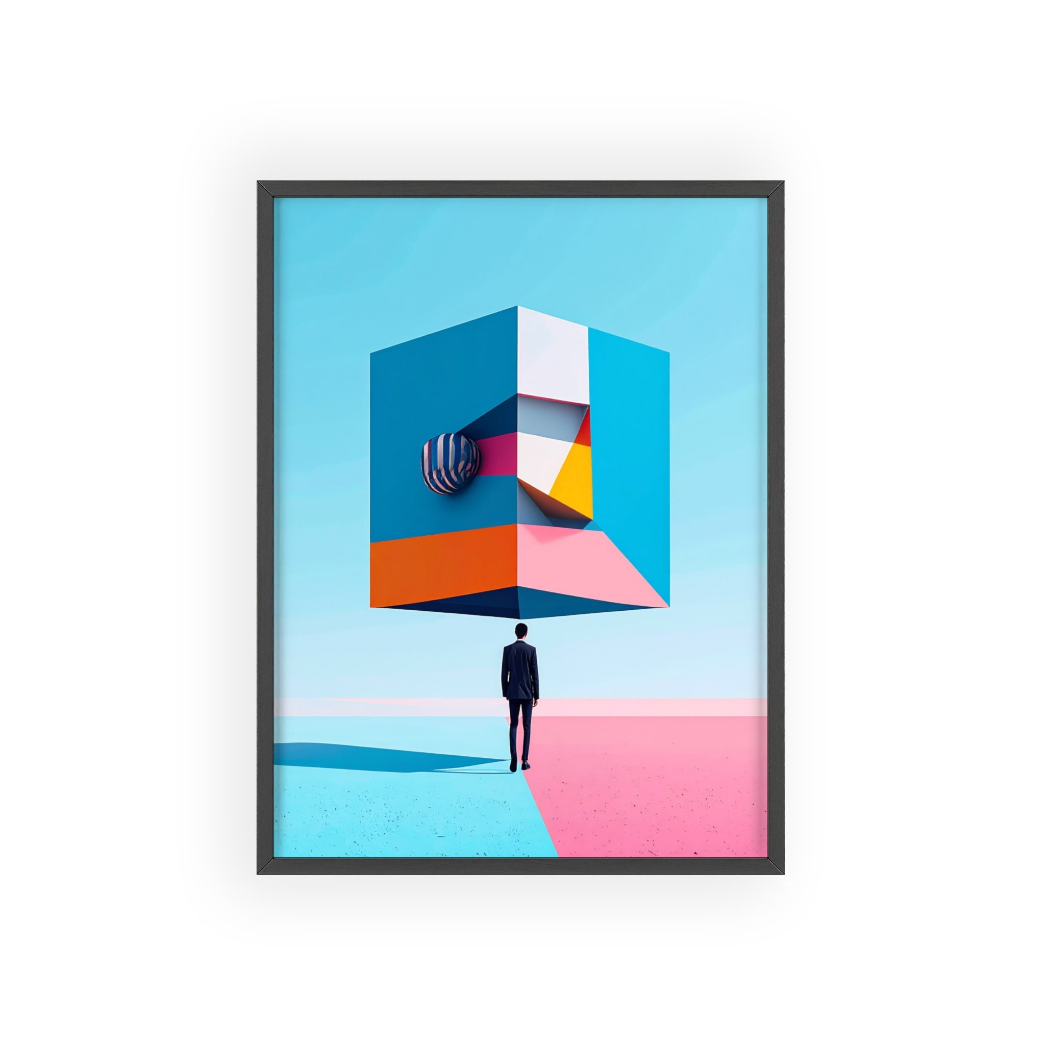 Surreal Geometric Art Poster with Wooden Frame — Modern Minimal Wall Decor
