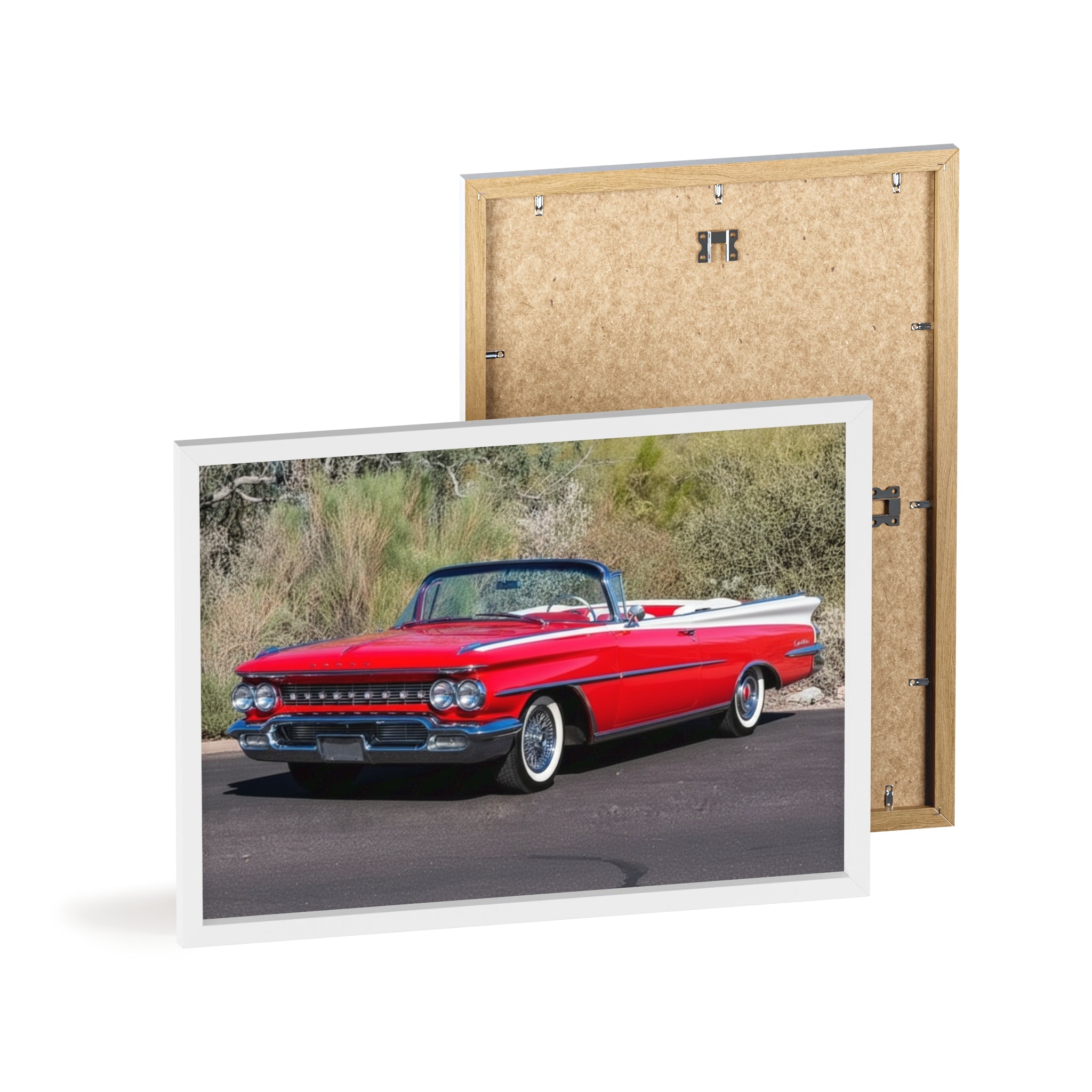 Vintage Red Convertible Car Poster with Wooden Frame — Classic Auto Wall Art