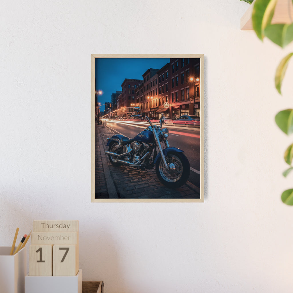 Framed Motorcycle Poster — Night City Street Bike Wall Art