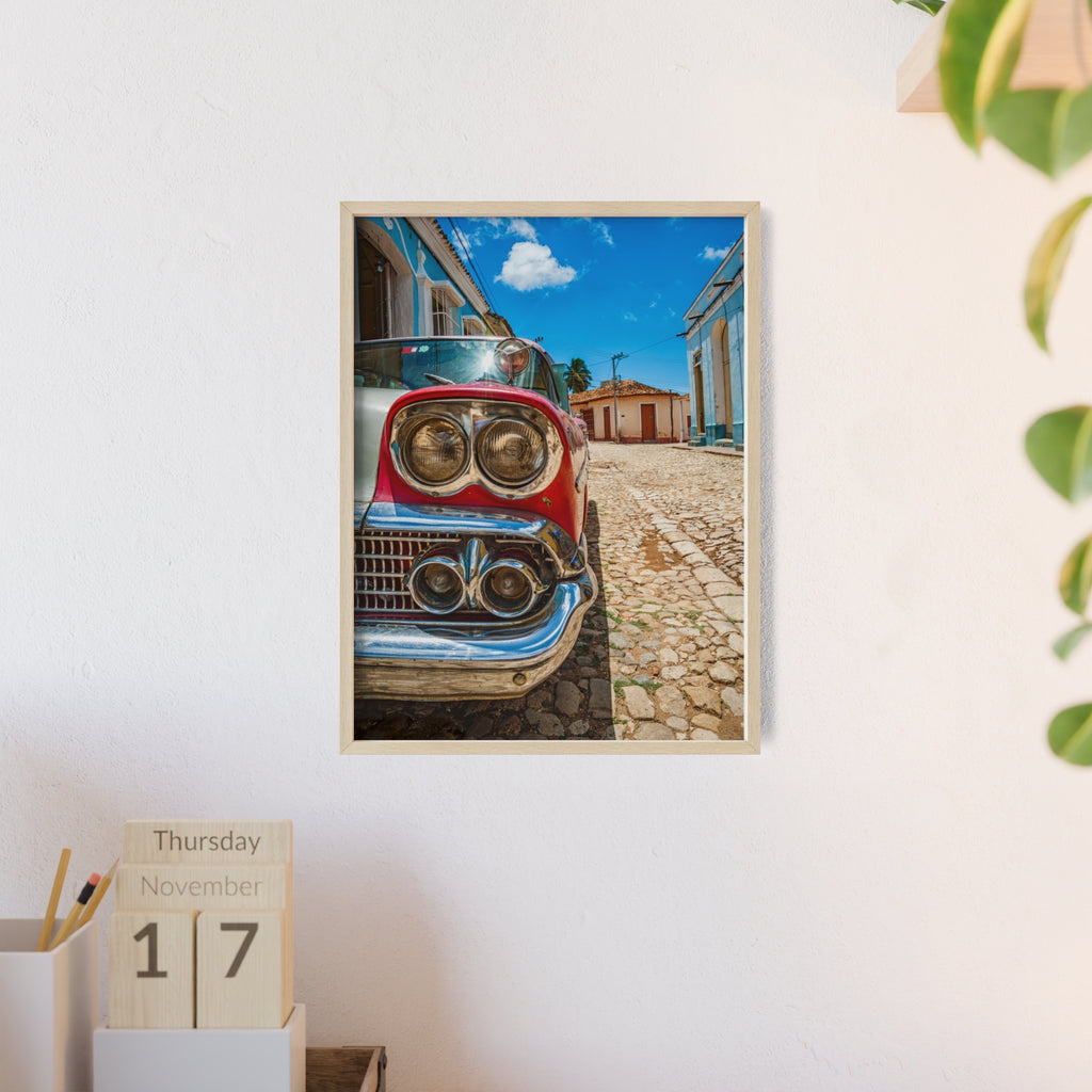 Vintage Classic Car Poster with Wooden Frame — Retro Cuba Street Photography Wall Art