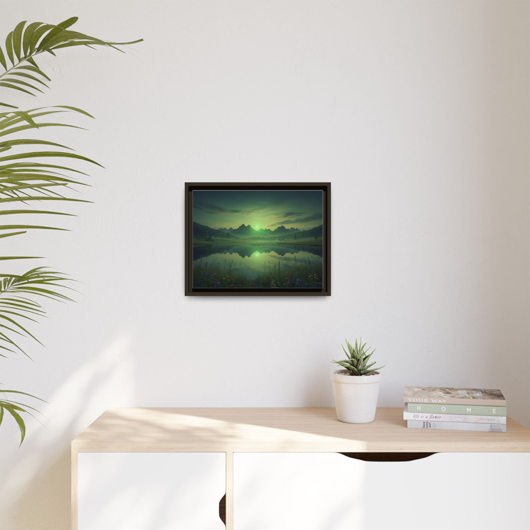 Framed Matte Canvas Print — Serene Green Mountain Lake Landscape