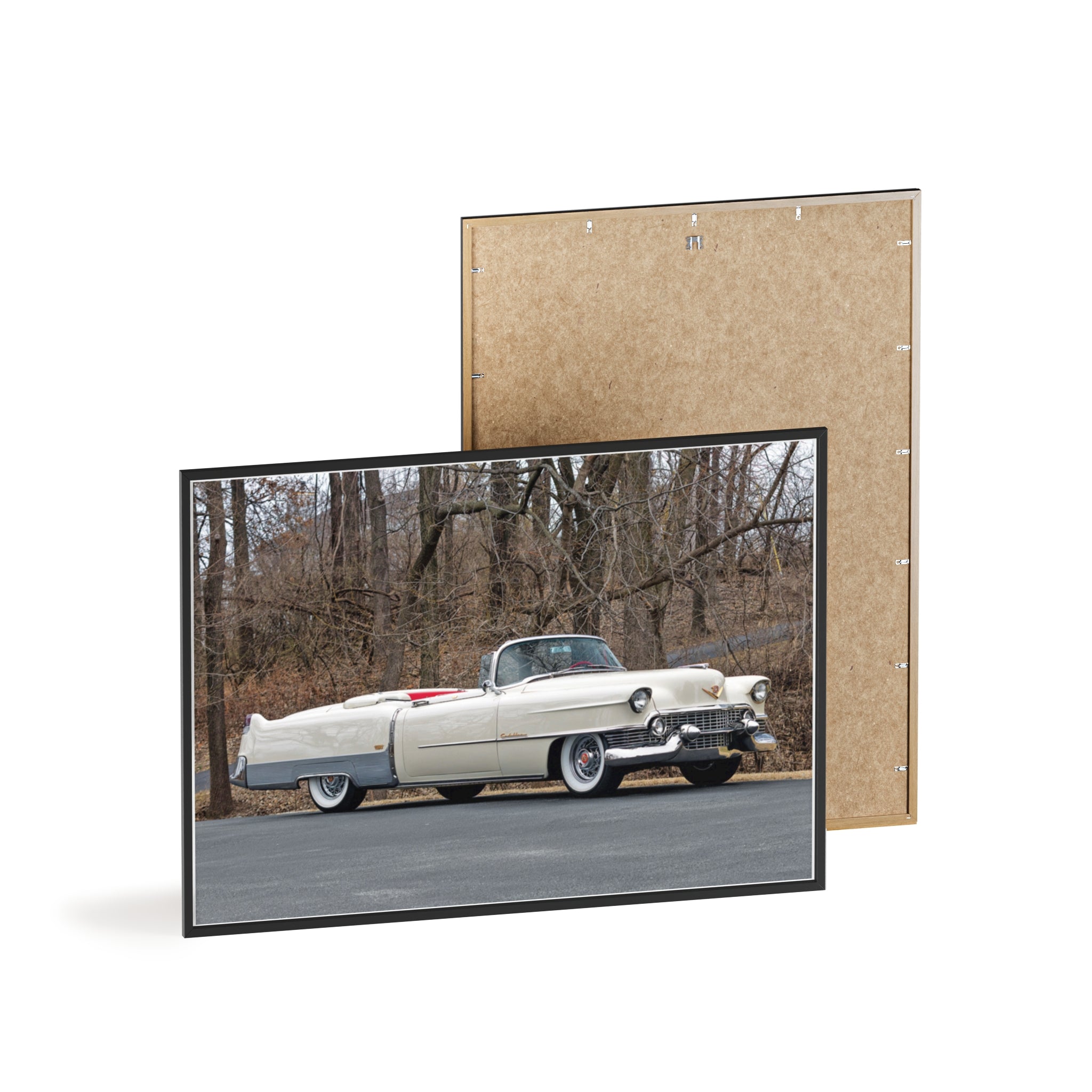 Vintage 1950s White Cadillac Poster with Wooden Frame - Classic Car Wall Art