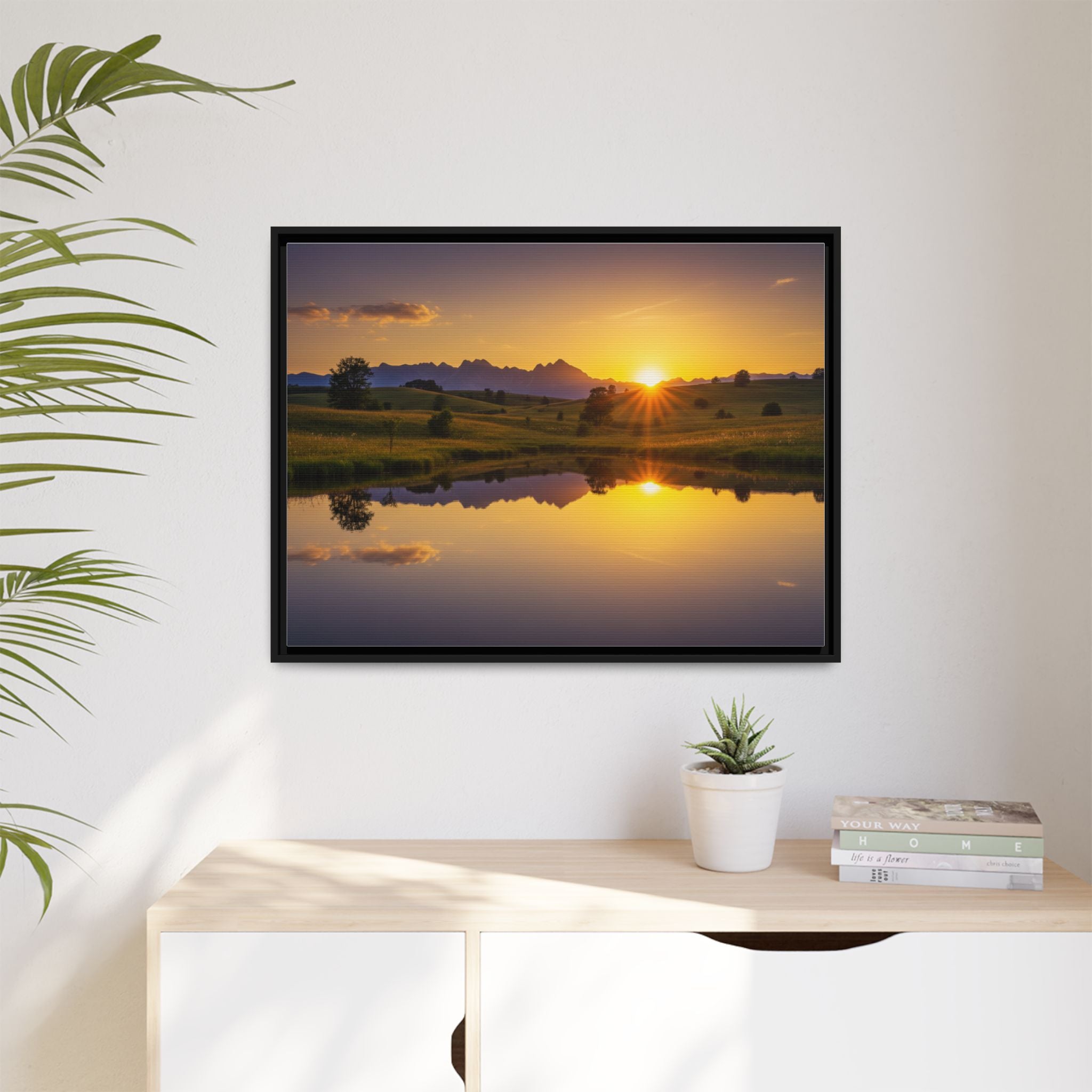 Framed Matte Canvas Sunset Landscape — Serene Lake Reflection Wall Art