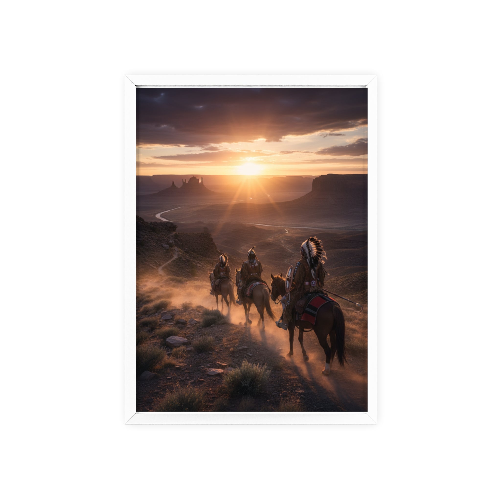 Framed Western Sunset Poster — Native Riders on Horseback Wall Art