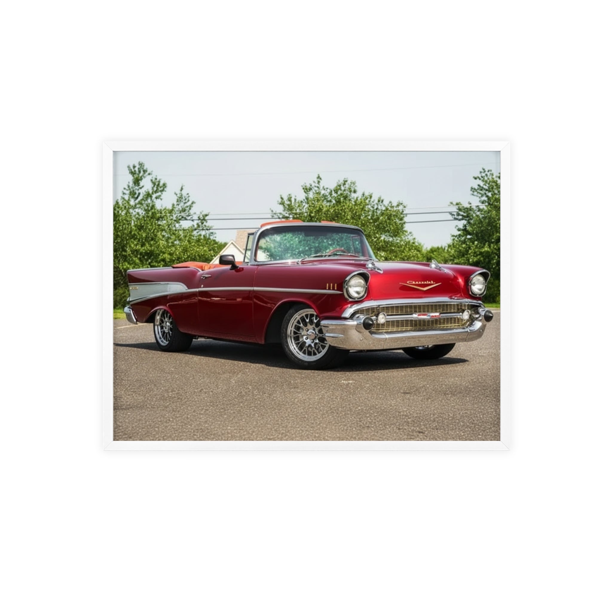 Vintage Red Classic Car Poster with Wooden Frame — Retro Automotive Wall Art