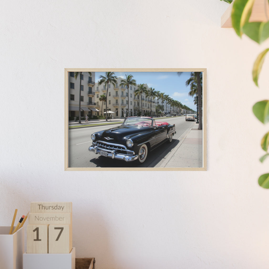 Vintage Convertible on Ocean Drive Framed Poster – Retro Classic Car Wall Art