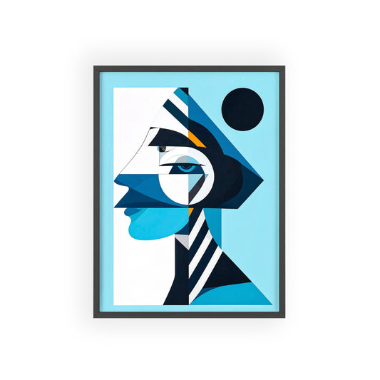 Abstract Geometric Portrait Poster with Wooden Frame — Blue Modern Wall Art