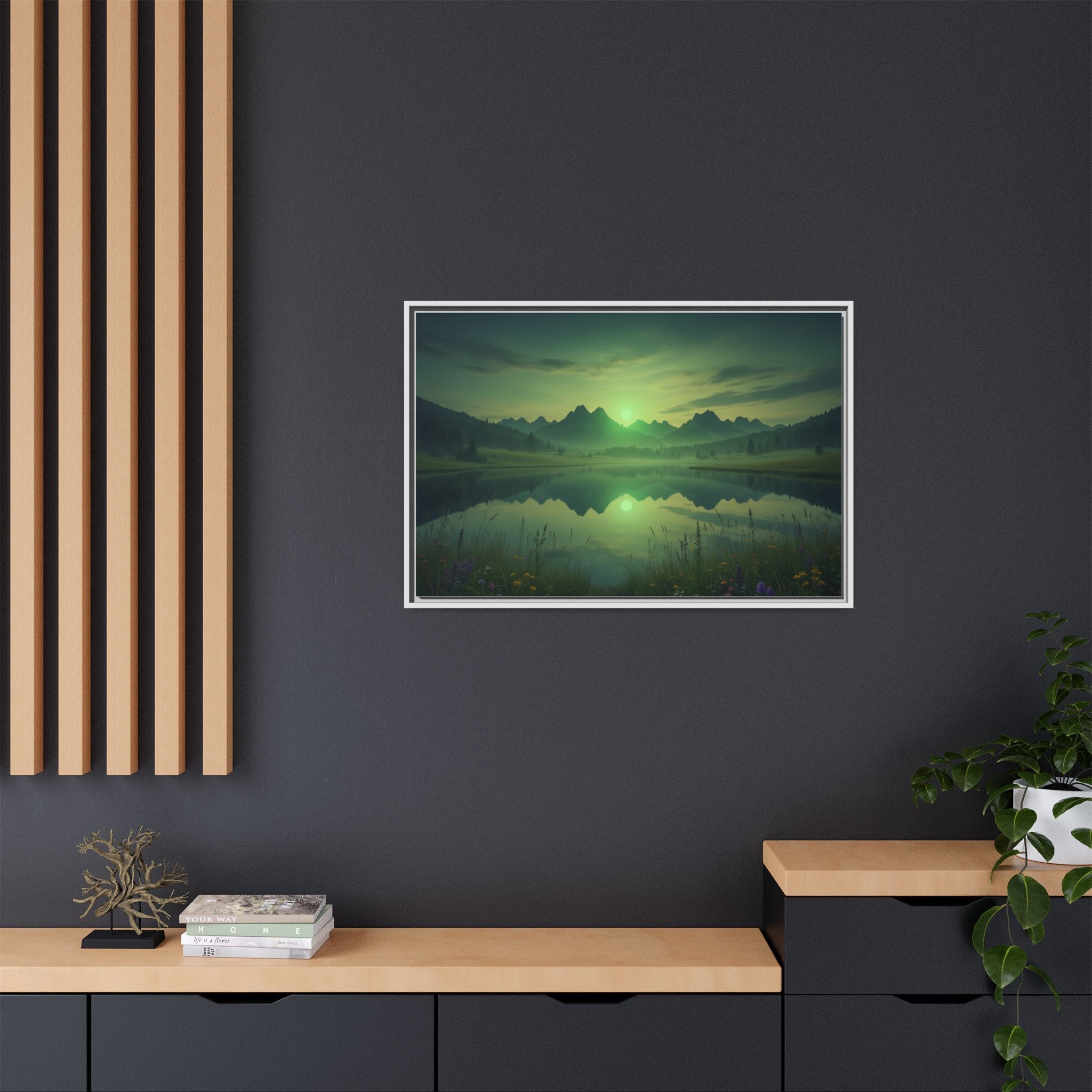 Framed Matte Canvas Print — Serene Green Mountain Lake Landscape