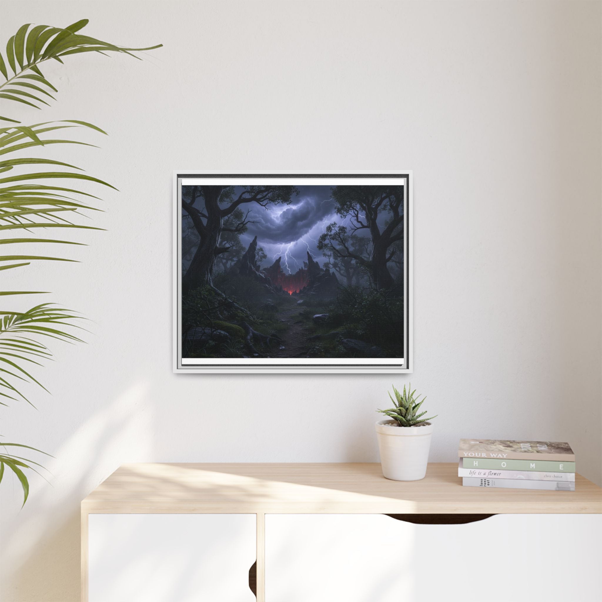 Dark Storm Forest Framed Canvas Print — Lightning, Haunted Castle Art