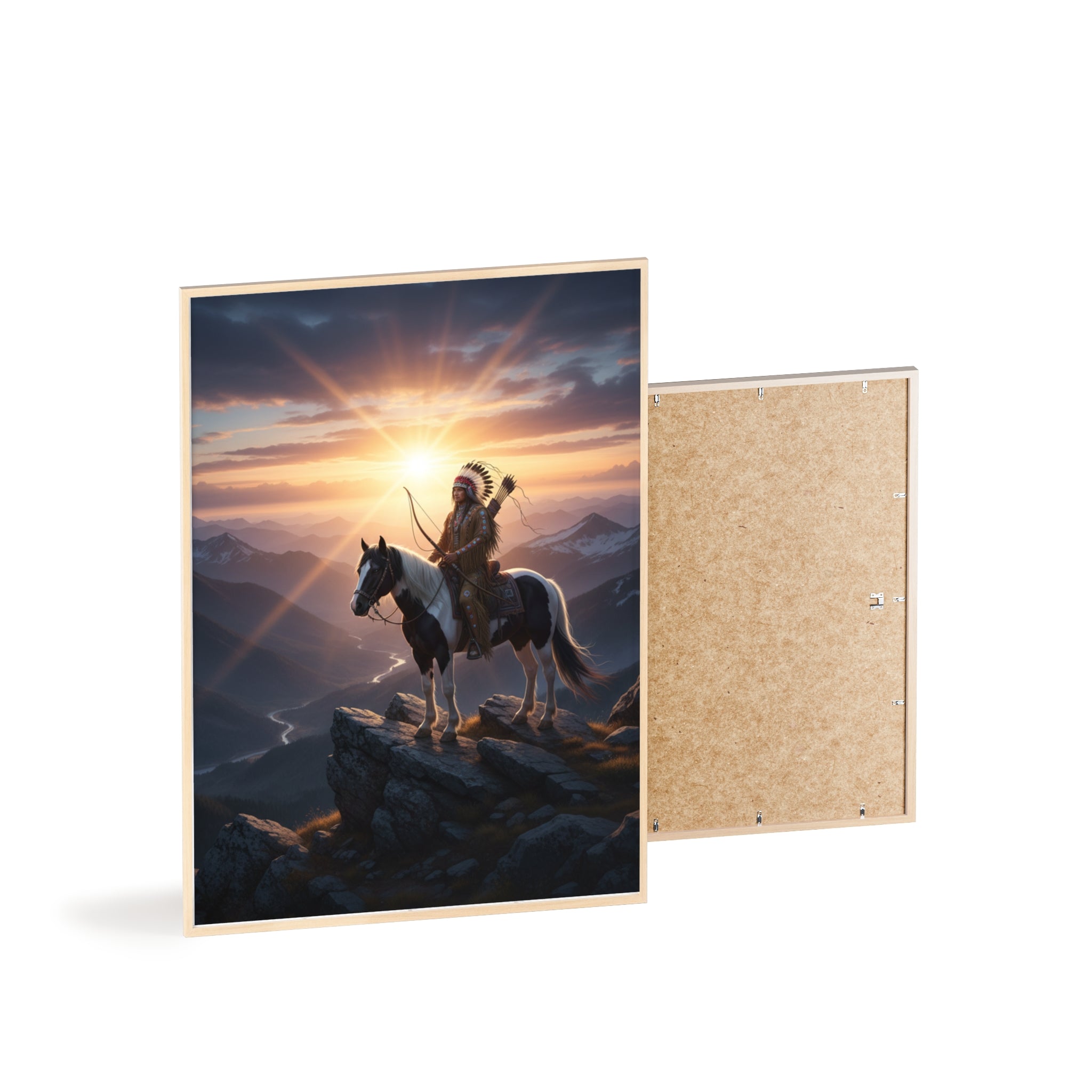 Native American Warrior on Horse Framed Poster — Scenic Sunrise Wall Art