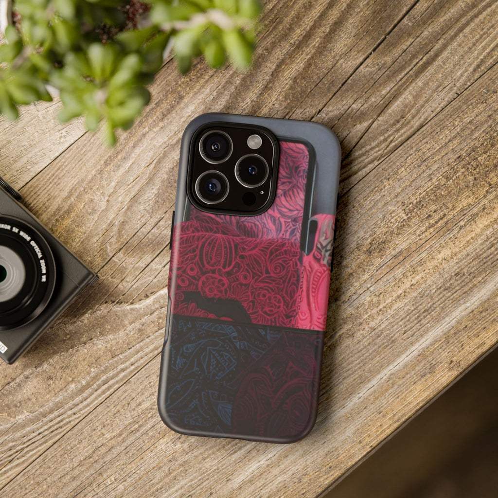 Floral Patchwork Tough Phone Case — Pink & Navy Doodle Design