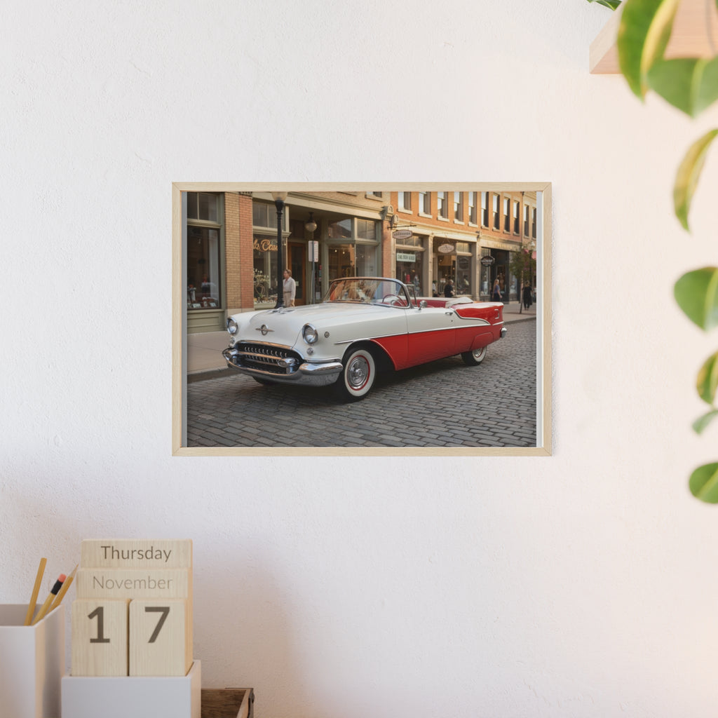 Vintage Red & White Convertible Poster with Wooden Frame — Retro Car Wall Art