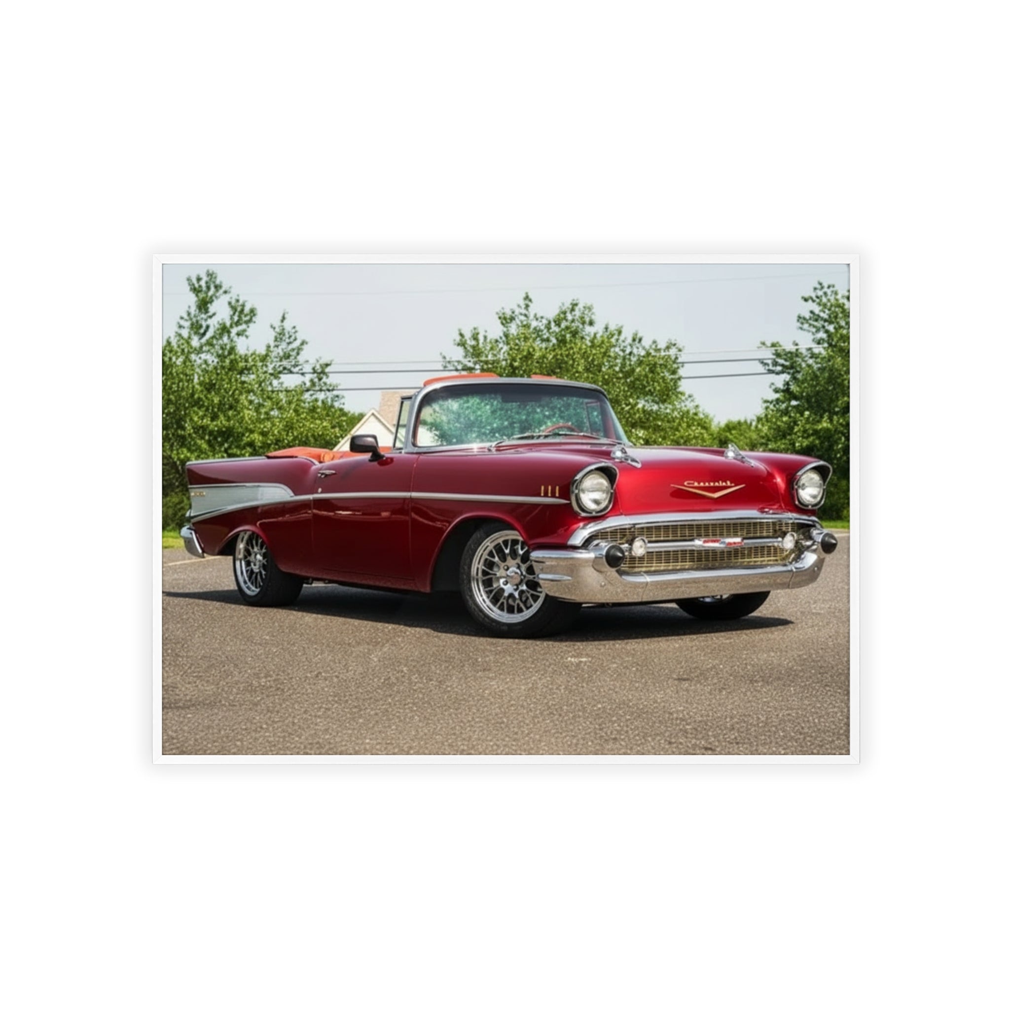 Vintage Red Classic Car Poster with Wooden Frame — Retro Automotive Wall Art