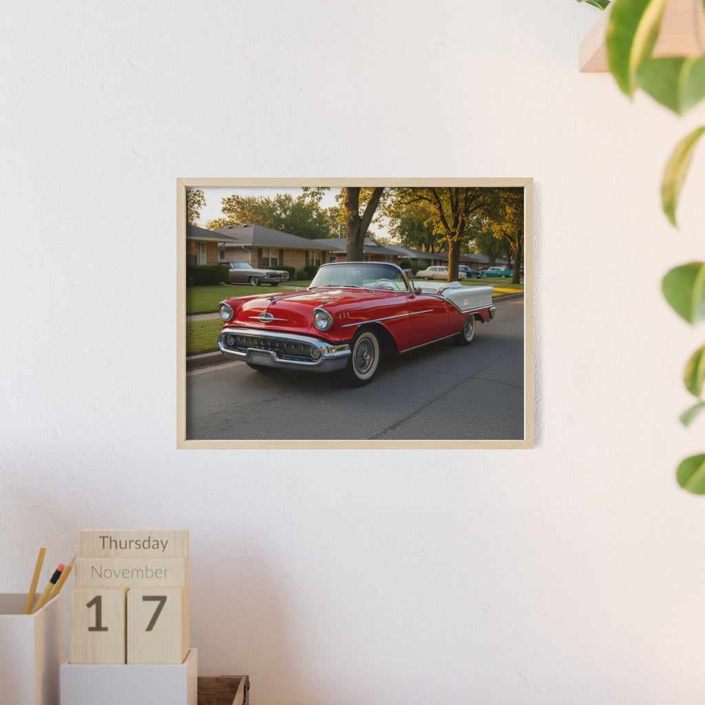 Vintage Red Convertible Poster with Wooden Frame — Classic Car Wall Art