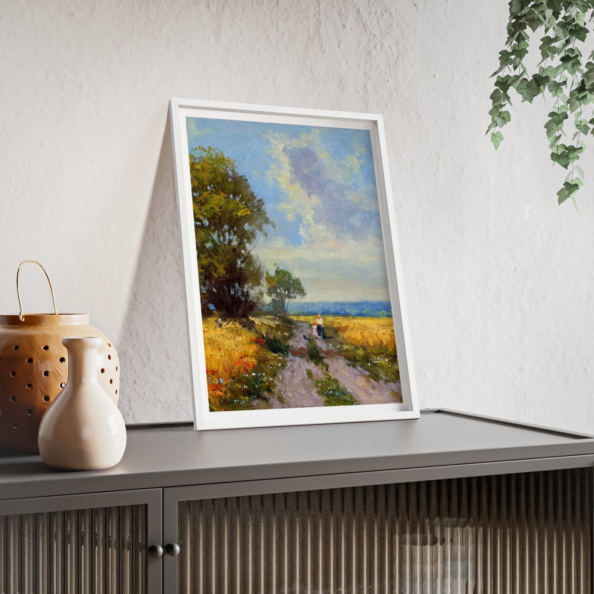 Framed Countryside Landscape Poster — Rustic Wooden Frame Wall Art