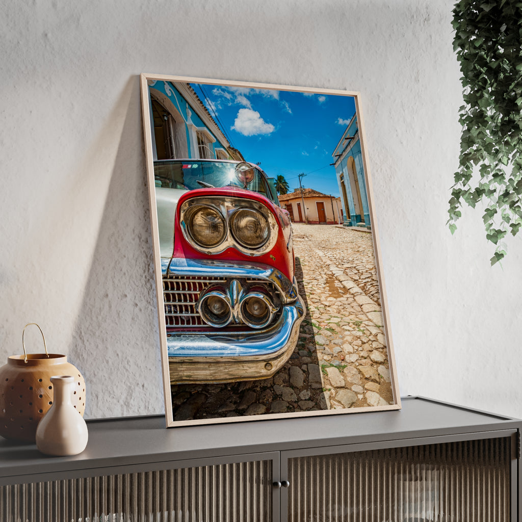 Vintage Classic Car Poster with Wooden Frame — Retro Cuba Street Photography Wall Art