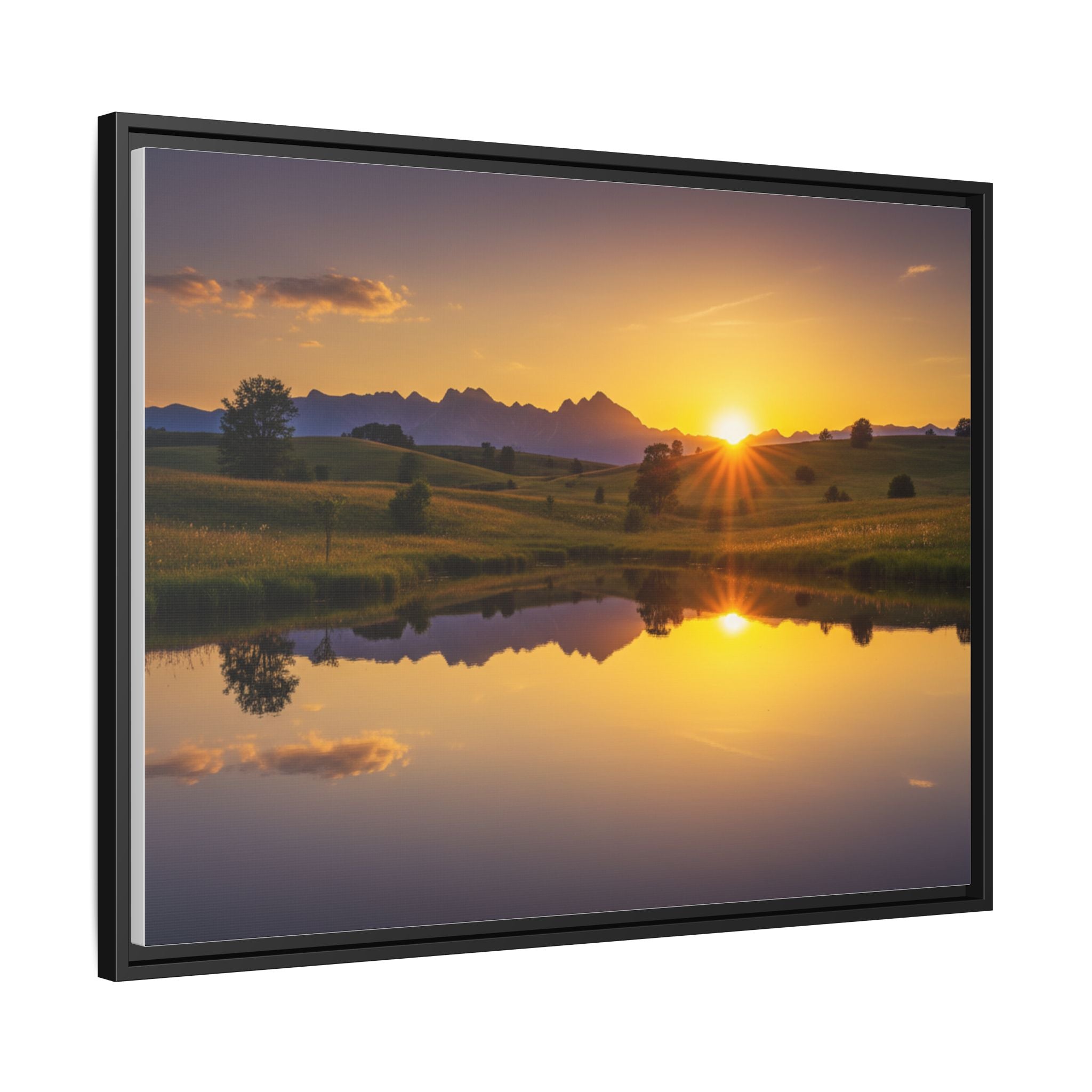 Framed Matte Canvas Sunset Landscape — Serene Lake Reflection Wall Art