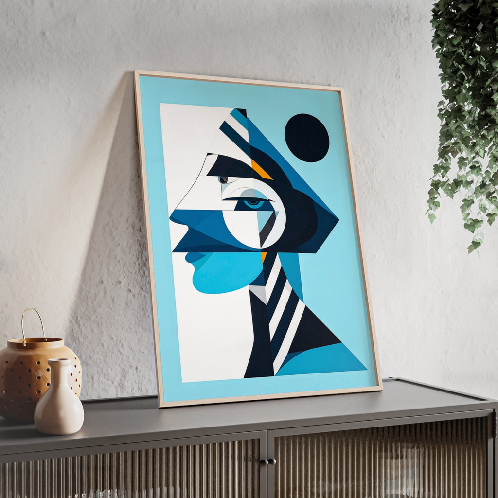 Abstract Geometric Portrait Poster with Wooden Frame — Blue Modern Wall Art
