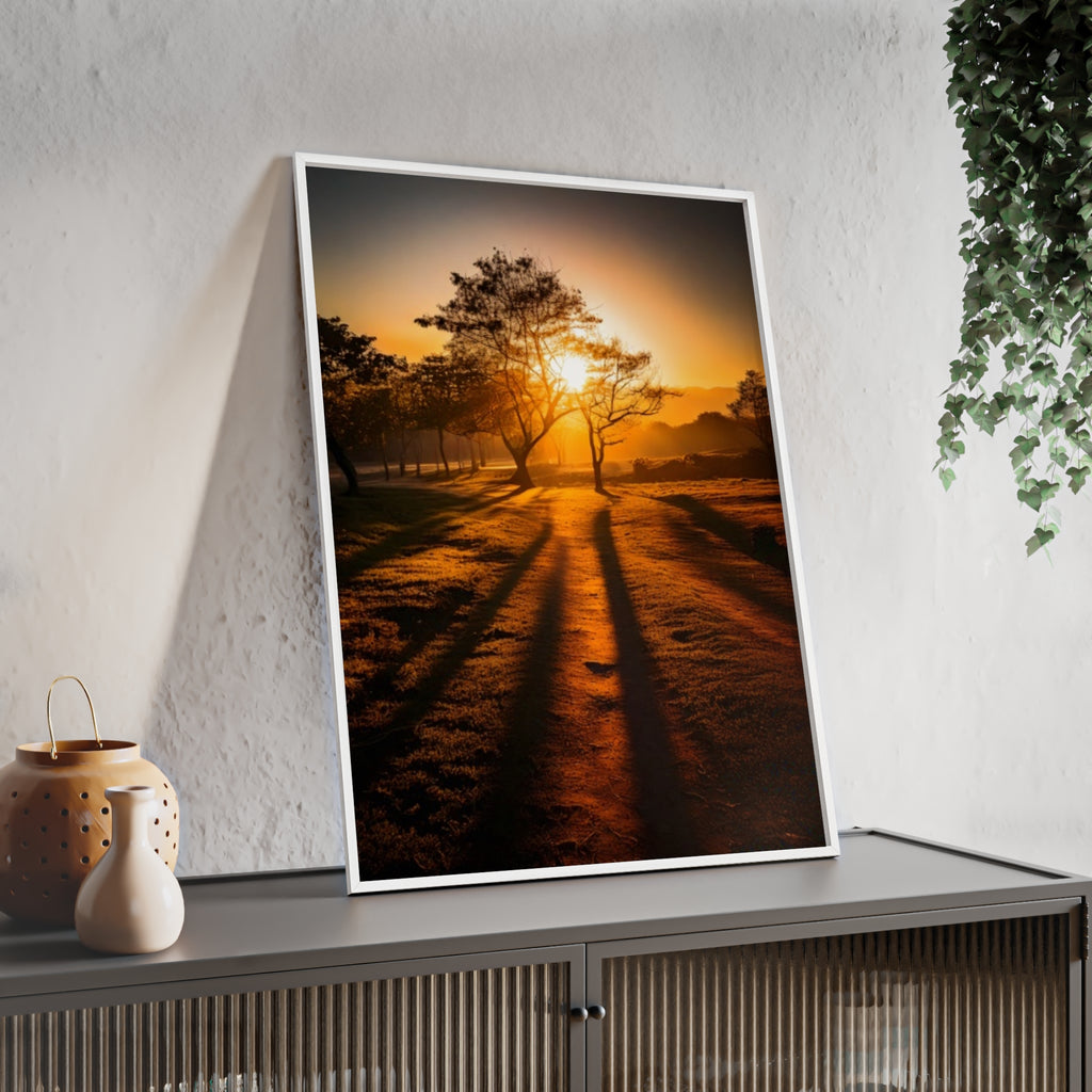 Sunrise Forest Poster — Framed Wooden Wall Art (Sunlit Trees)